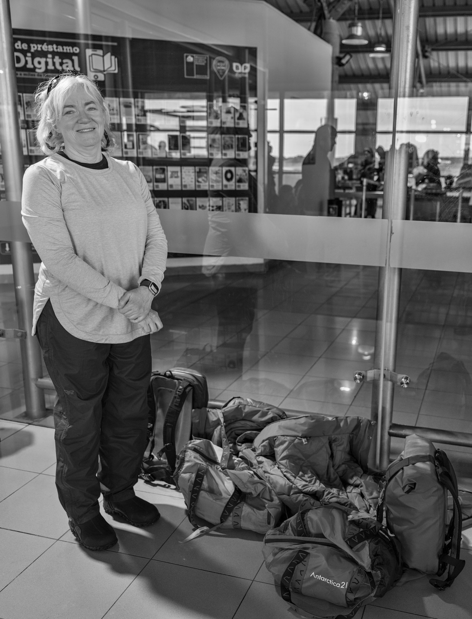 Hanging out at the Punta Arenas airport as we await our final flight to Antartica to board the Magellian Explorer. We'll be wearing all our weather gear, including boots, for this final flight.