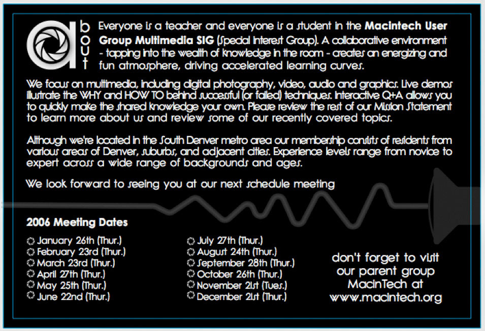 Probono computer user group logo and branding development. Postcard for giveaway in computer stores or similar venues. Back shown here - Front on previous slide