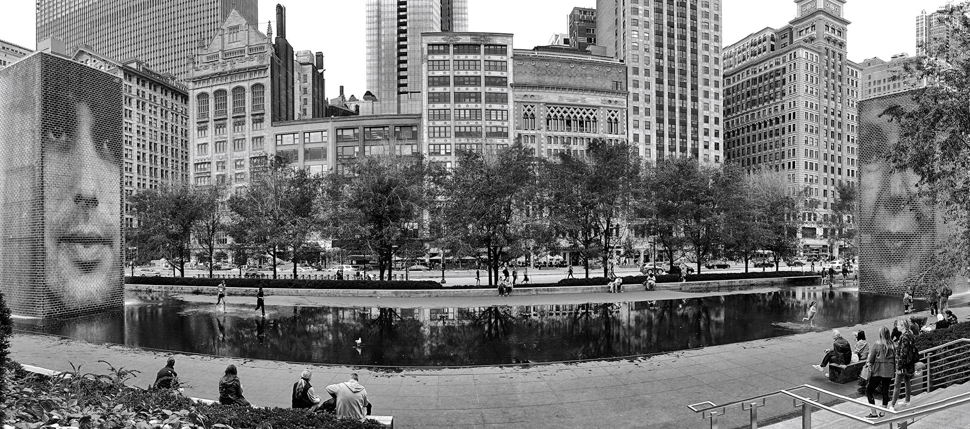 Crown Fountain in Millennium Park by Spanish artist Jaume Plensa. Great spce. It's worth noting the faces on the glass blocks change