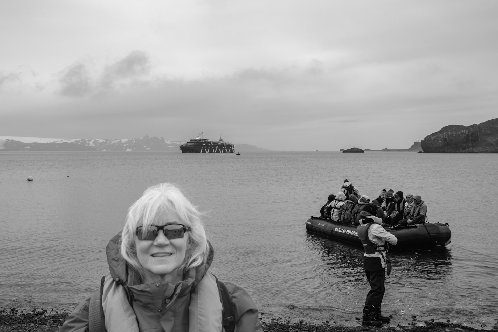 All kitted up and ready to hop in the next zodiak and board the Magellan Explorer in the distance..