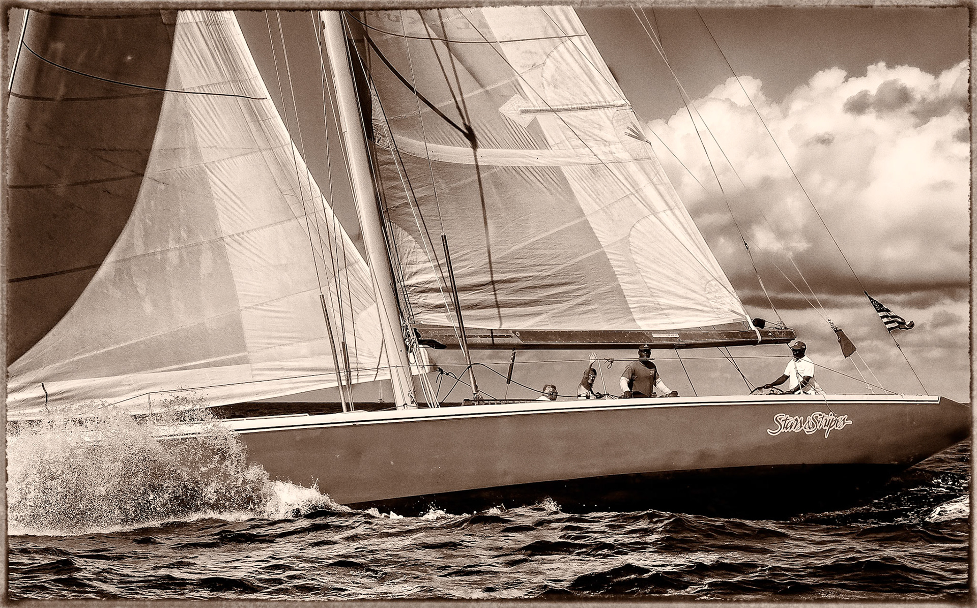 Stars and Stripes waves as we overtake  them on the last leg for a TRUE NORTH IV VICTORY! Well done team Canada!