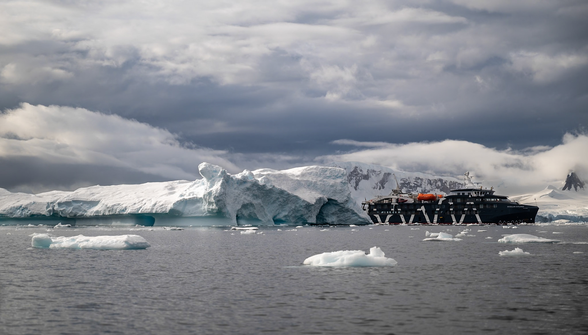 Trying to give some scale to the iceburgs. The Magellan Explorer is 90.7m long and her bridge is 12.85m above the water. Iceburgs show approx. 10% of their total height above the water.