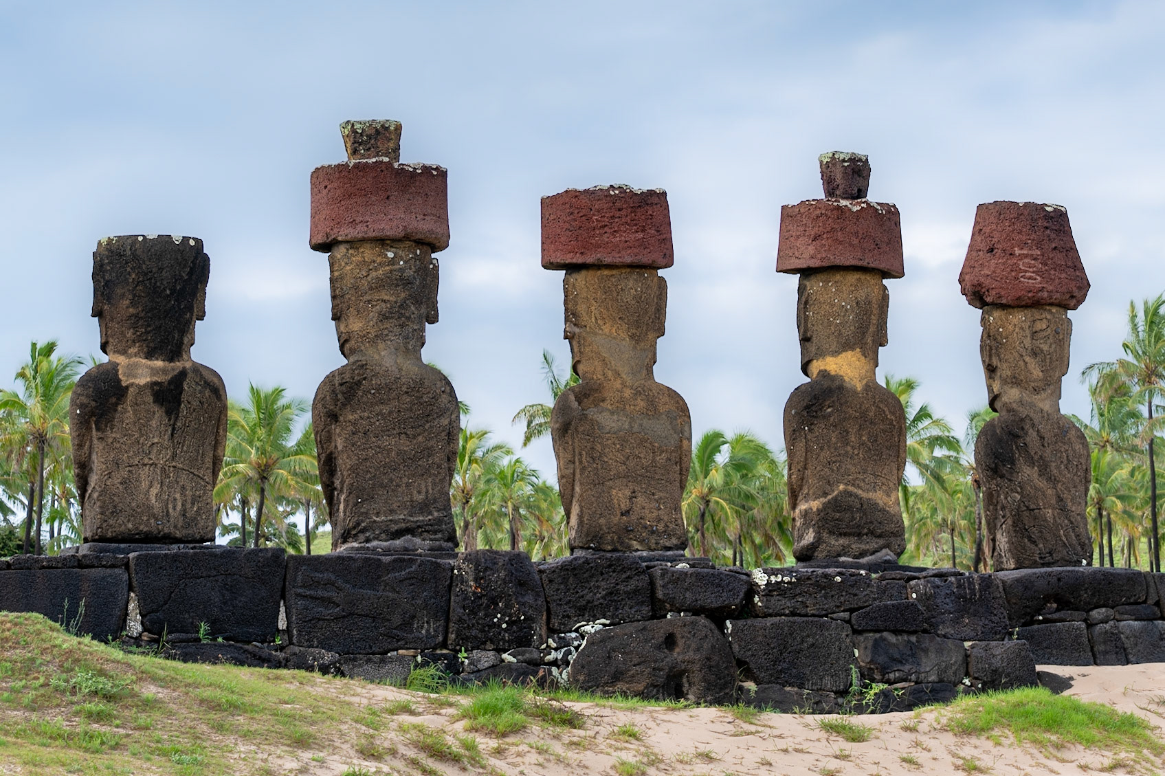 Note the carvings on the backs (which face the ocean). Pukao topknots come from a different lava quarry than the main bodies. Also note the carving in the black base stone(s).