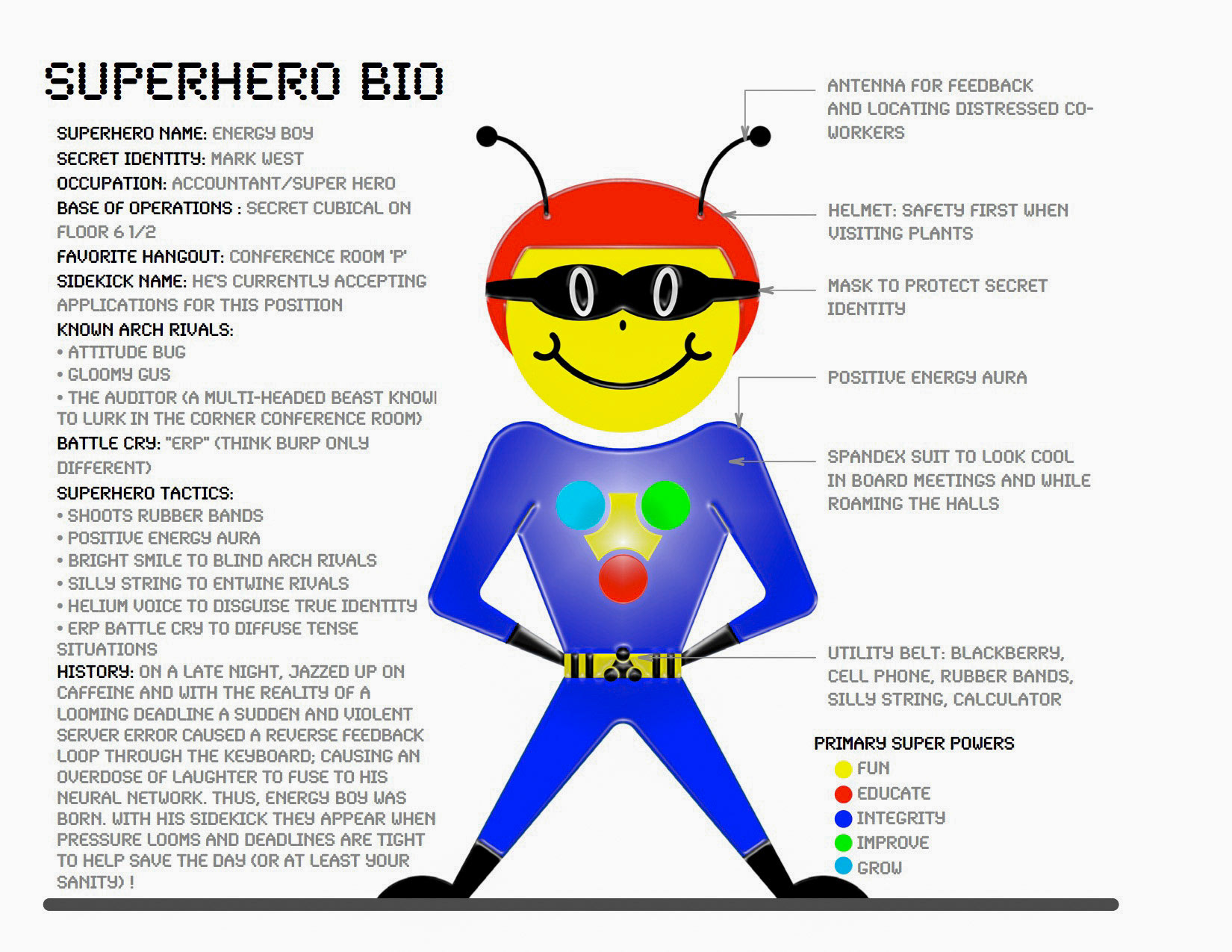 Assorted Image branding and character developement for MarkWest Energy. Energy Boy: A fun corporate team building character