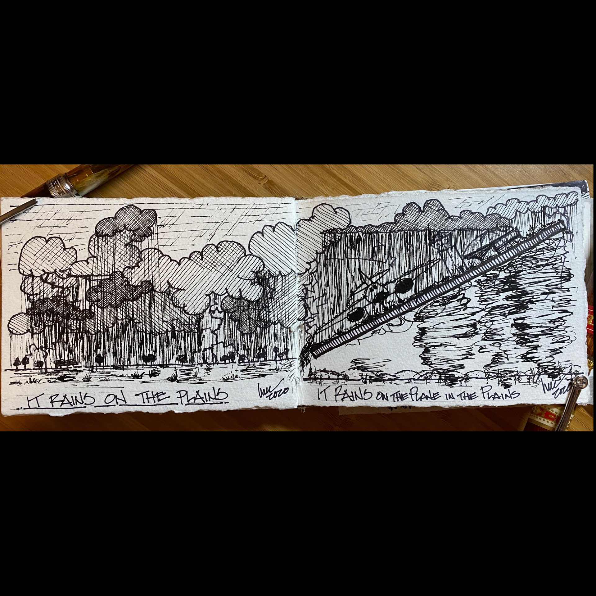 it rains on the plains + it rains on the planes in the plains. Visconti fountain pen on art paper