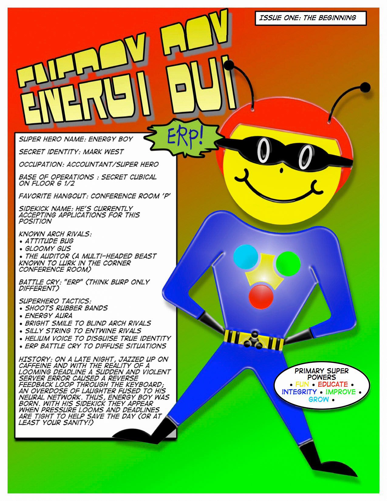 Assorted Image branding and character developement for MarkWest Energy. Energy Boy: A fun corporate team building character