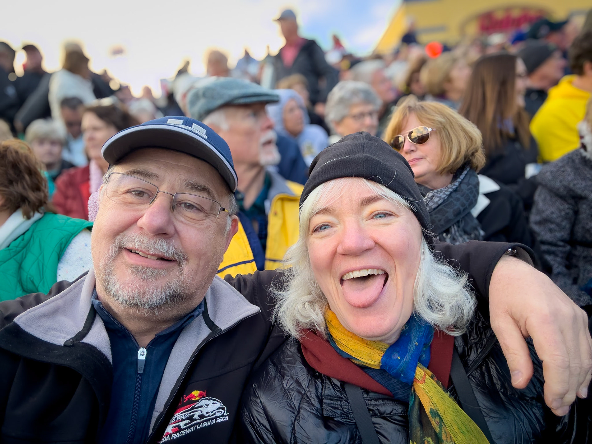 In our seats and waiting for the sun to break on the bleachers and the parade to start!