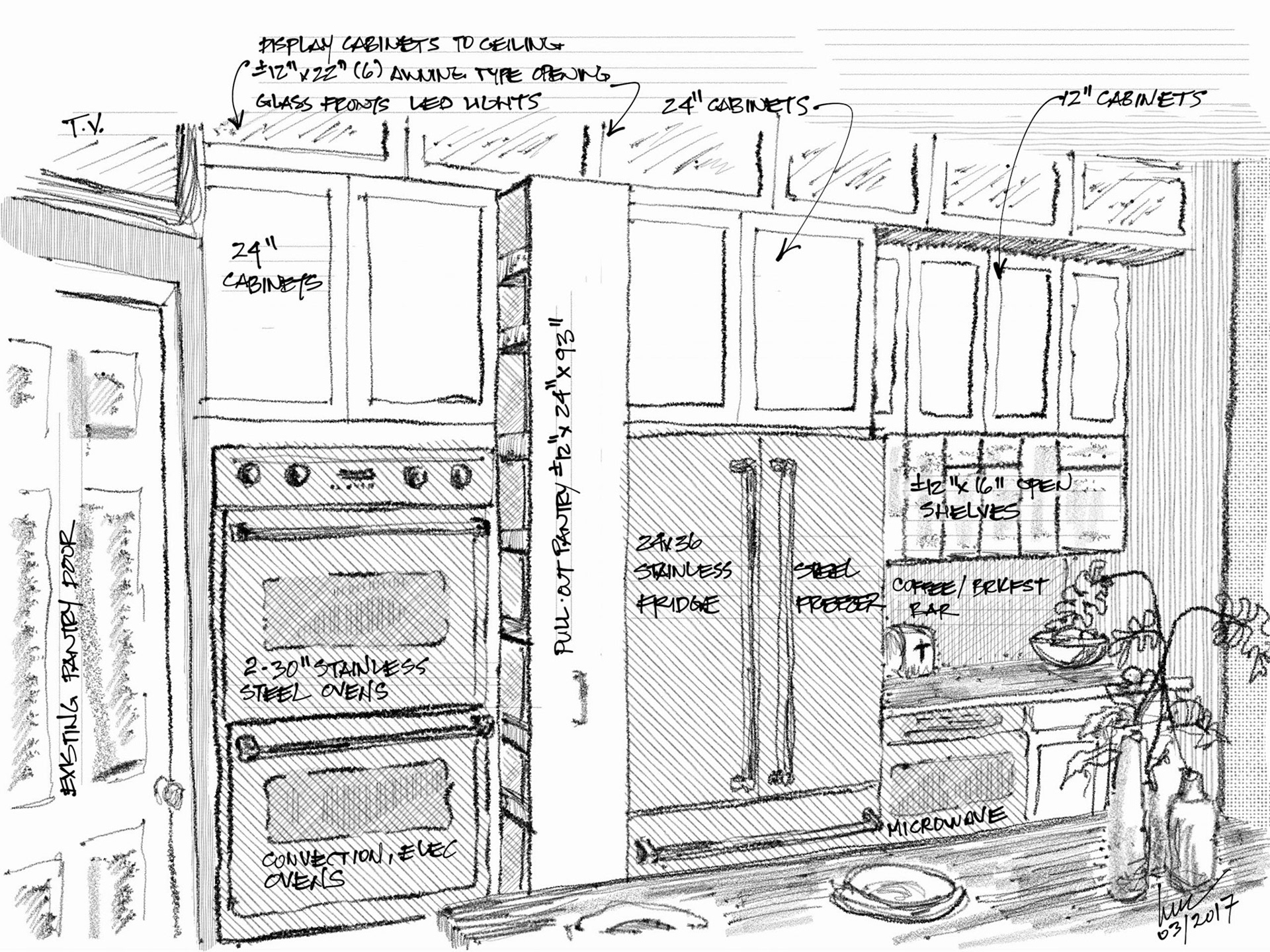 Perspective doodles refining the idea for one wall of our kitchen reno.
