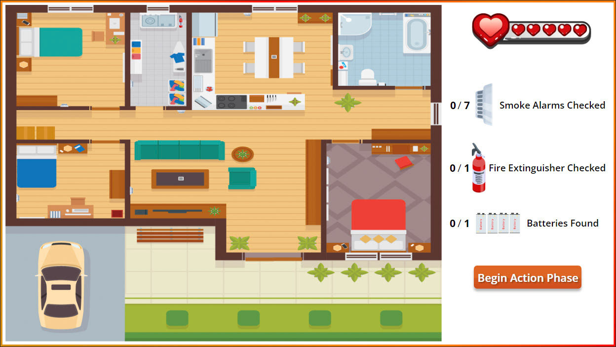 Game setting, birds-eye image of the home layout with UX elements