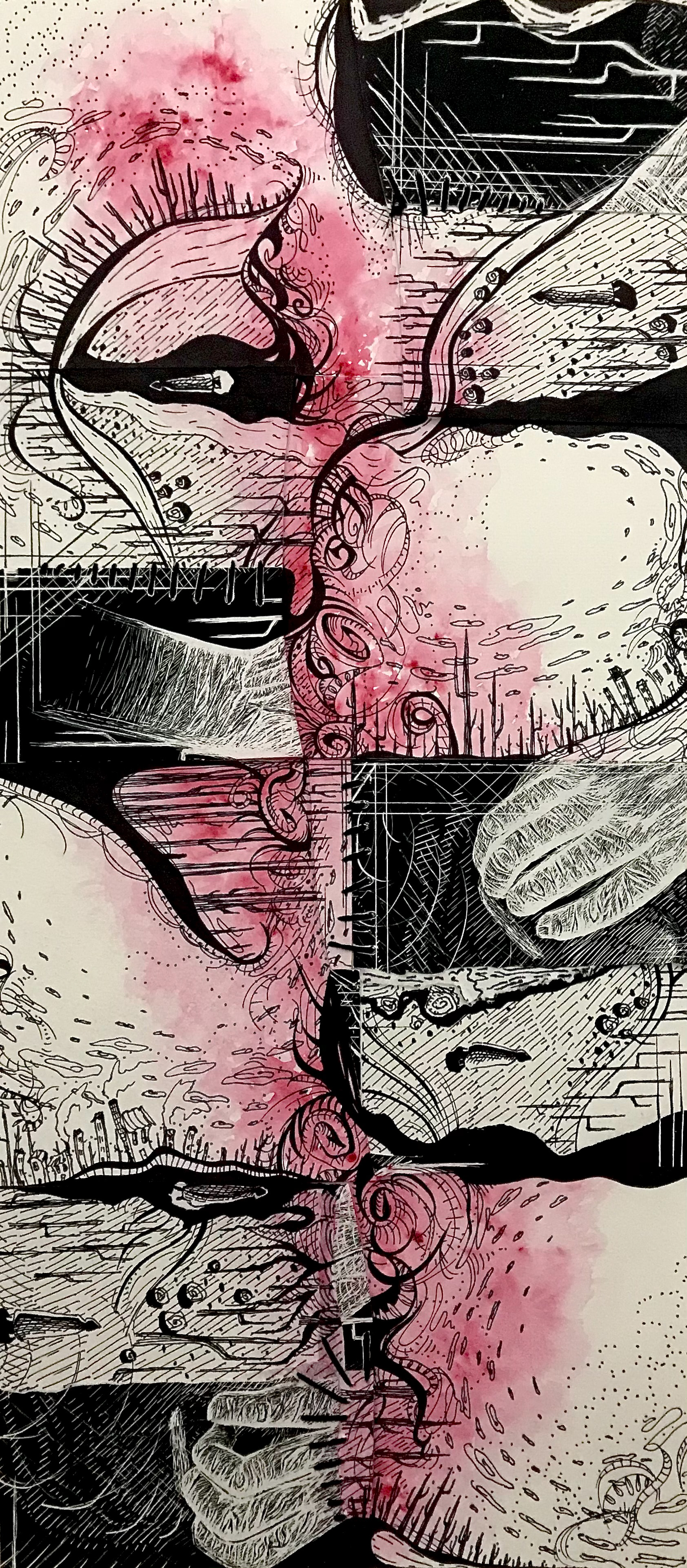 "Wonderland 3," 2020. Scratchboard, string, and watercolor.