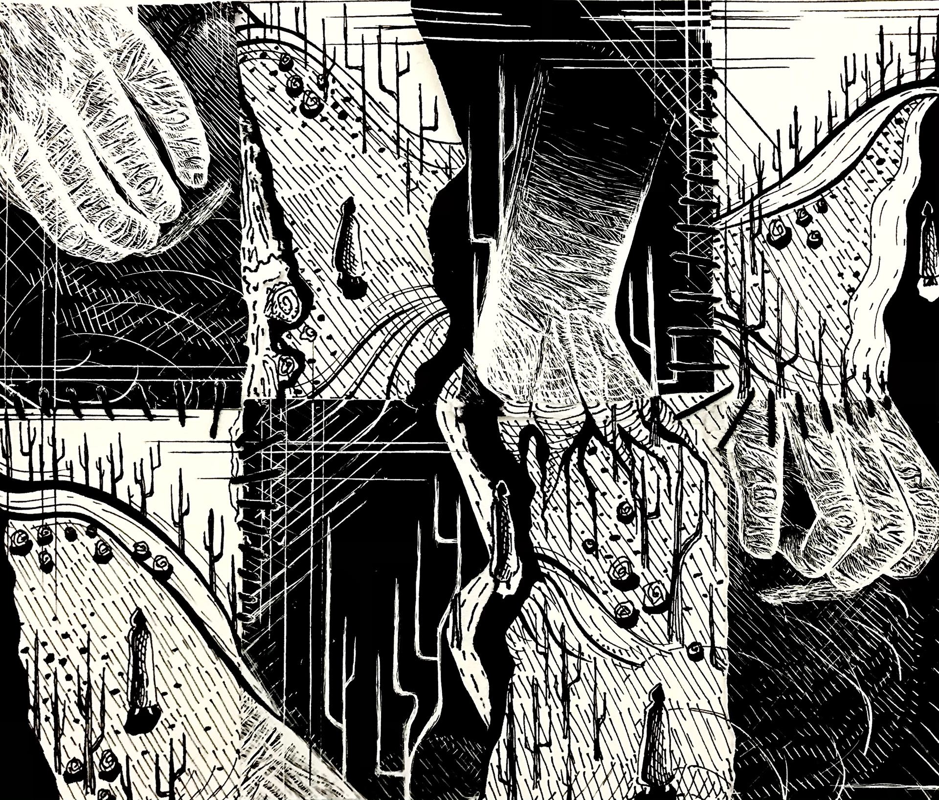"Lost 2," 2020. Scratchboard and string.