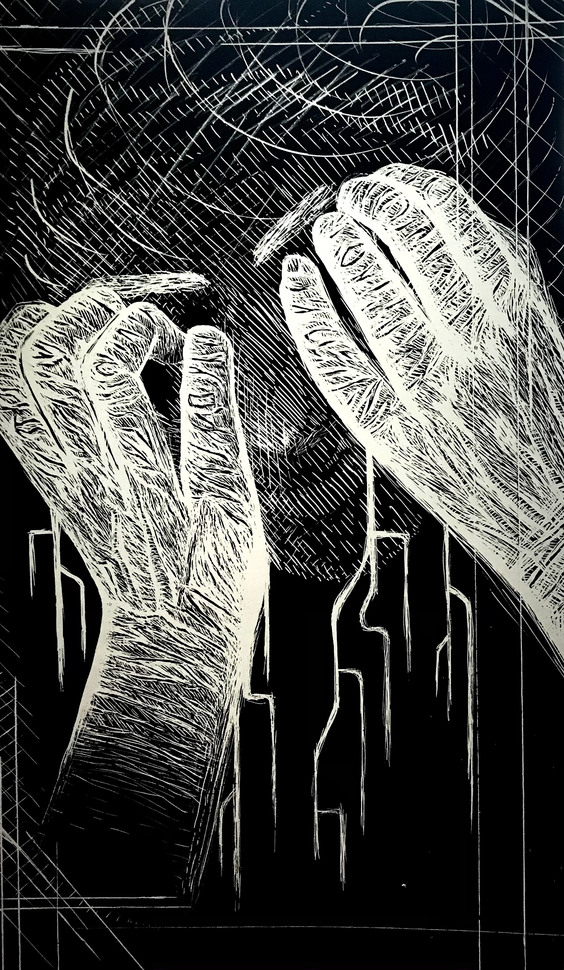 "Caving In 1," 2020. Scratchboard.