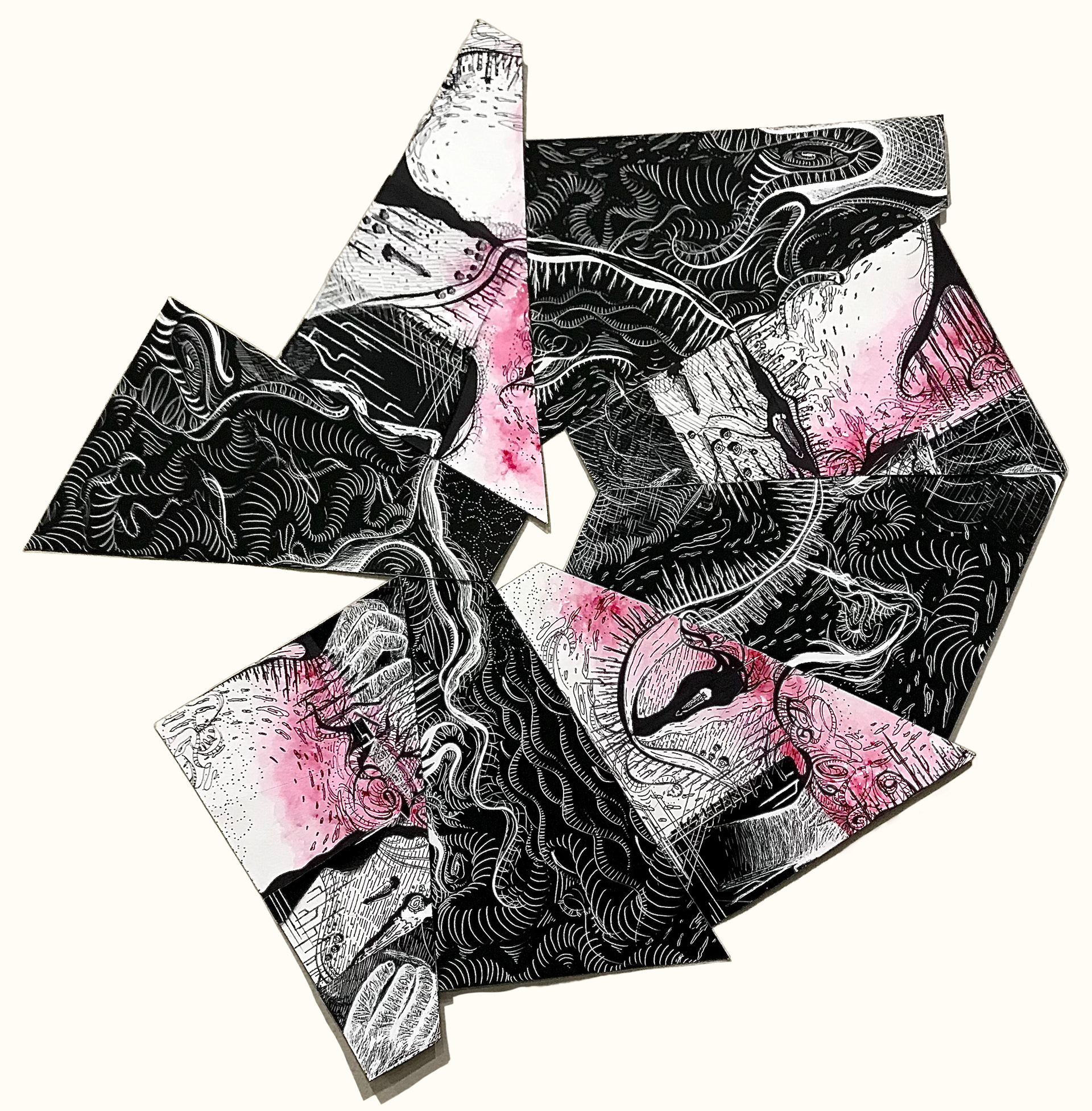 "Merge," 2020. Scratchboard, string, watercolor, and tape.