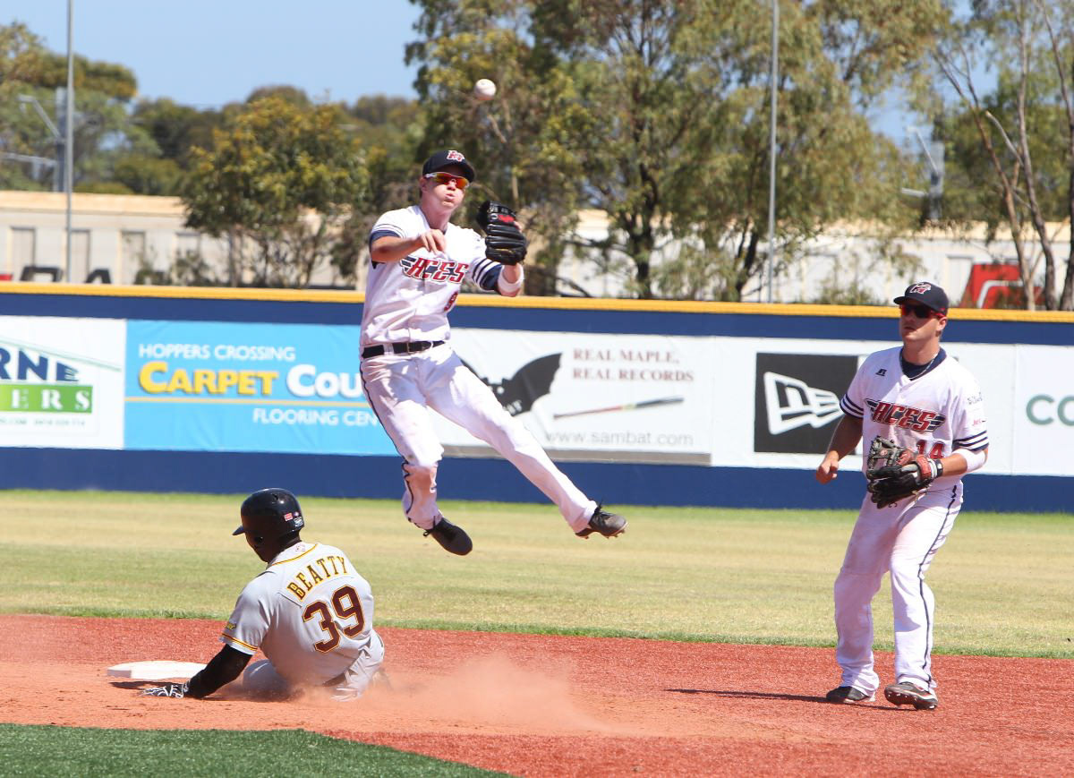 James Beresford (Melbourne Aces) and C.J. Beatty (Brisbane Bandits) James Beresford (Melbourne Aces) and C.J. Beatty (Brisbane Bandits) ABL 2012/2013 - MELBOURNE ACES V BRISBANE BANDITS - 6TH JAN 2013. Action from Game 4 of the Australian Baseball League (ABL) 2012/2013 season between the Melbourne Aces v Brisbane Bandits at the Melbourne Ballpark, Laverton, Victoria. This image is for Editorial Use Only. Any further use or individual sale of the image must be cleared by application to the Manager Sports Media Publishing (SMP Images). PHOTO : BRETT CROCKFORD SMP IMAGES