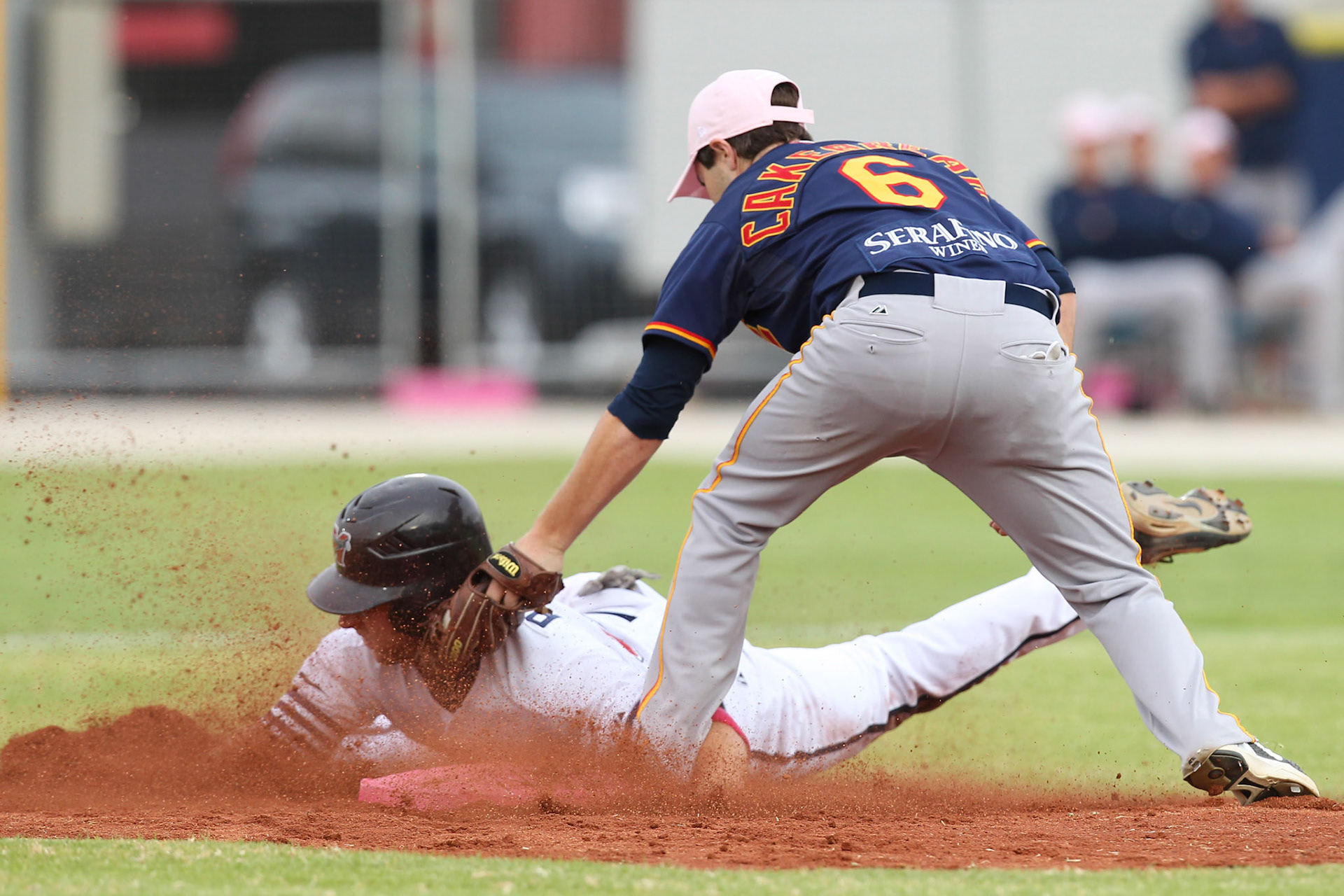 Ben Knuth (Melbourne Aces) tagged out at second base by Josh Cakebread (Adelaide Bite)ABL 2011/2012 - MELBOURNE ACES V ADELAIDE BITE 6th JAN 2012.  Action from Game 2 of the Australian Baseball League (ABL) 2011/2012 season between the Melbourne Aces v Adelaide Bite at the Melbourne Showgrounds, Melbourne, Victoria. This image is for Editorial Use Only. Any further use or individual sale of the image must be cleared by application to the Manager Sports Media Publishing (SMP Images). PHOTO : BRETT CROCKFORD / SMP IMAGES