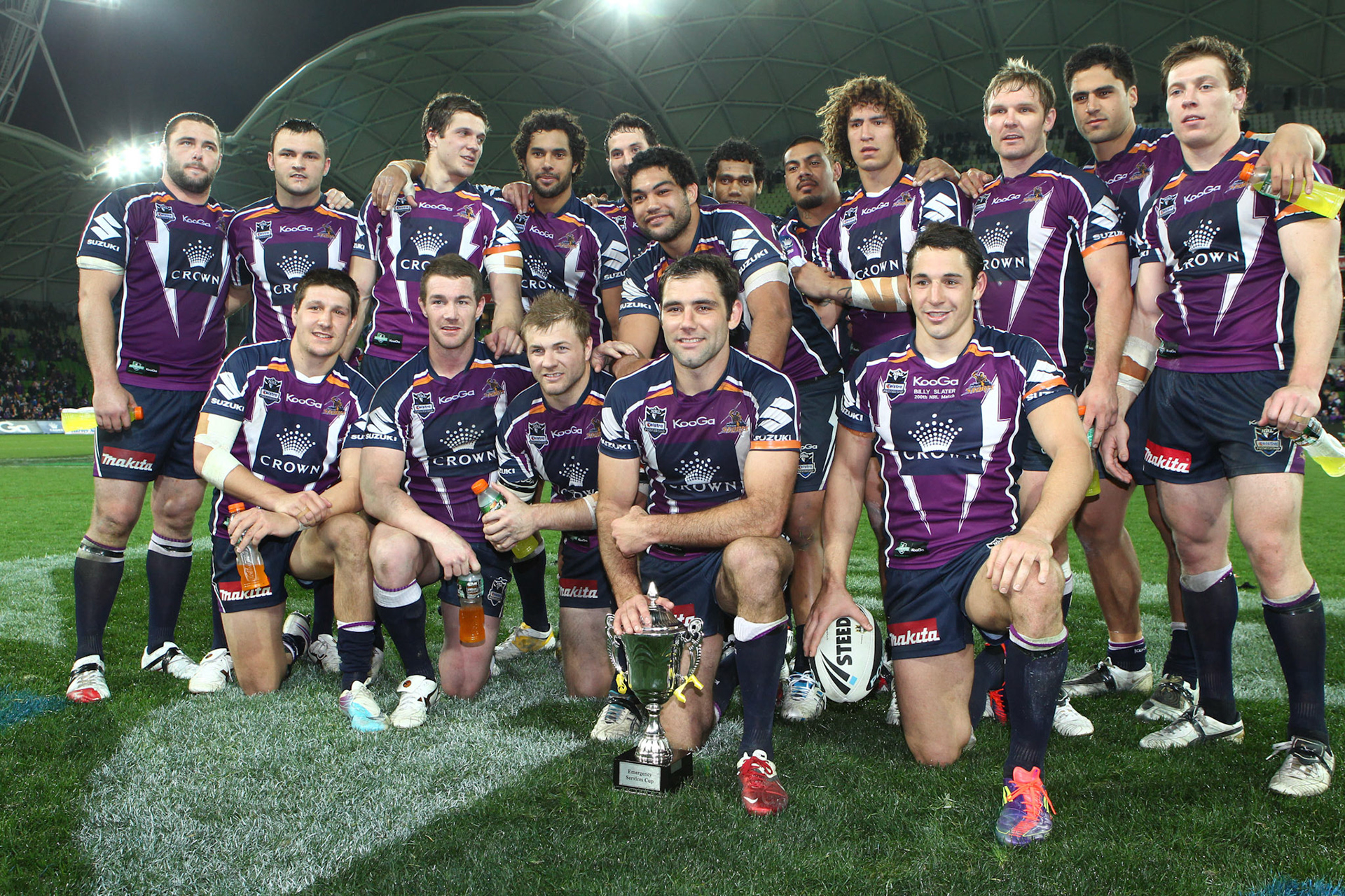 Minor Premiers Melbourne Storm with the Emergency Services Cup:NRL, Rugby League, Round 24, Melbourne Storm v St George Illawarra Dragon at AAMI Stadium, Friday August 19th, 2011. Digital Image by Brett Crockford © nrlphotos.com