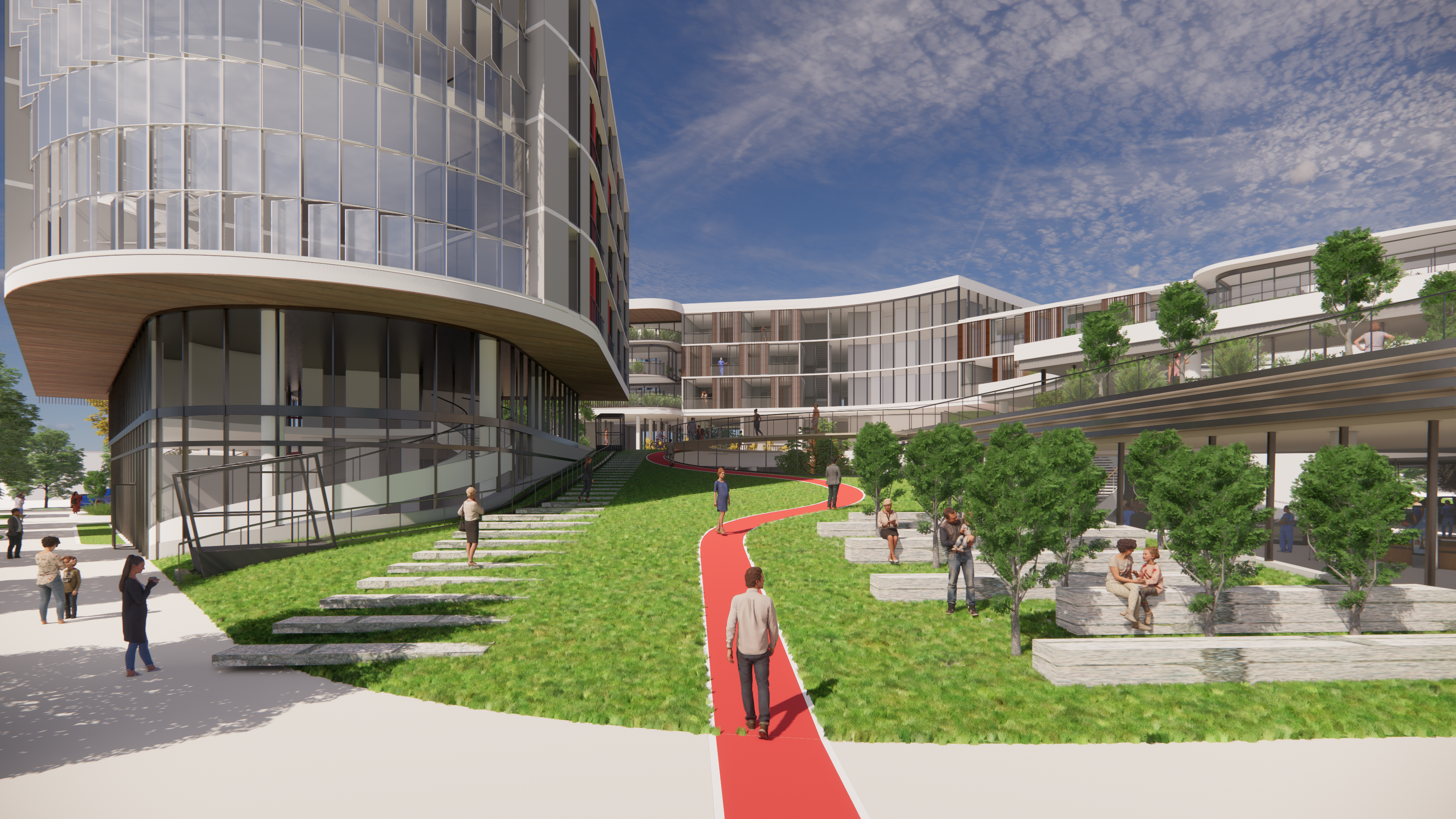 The green ramp connects the street level with the roof garden. It gives a sense of place to the site and creates a friendly natural environment for the community. People can engage with the site by sitting on the stairs, riding the funicular, visiting the farm, and exercising on the running trail.