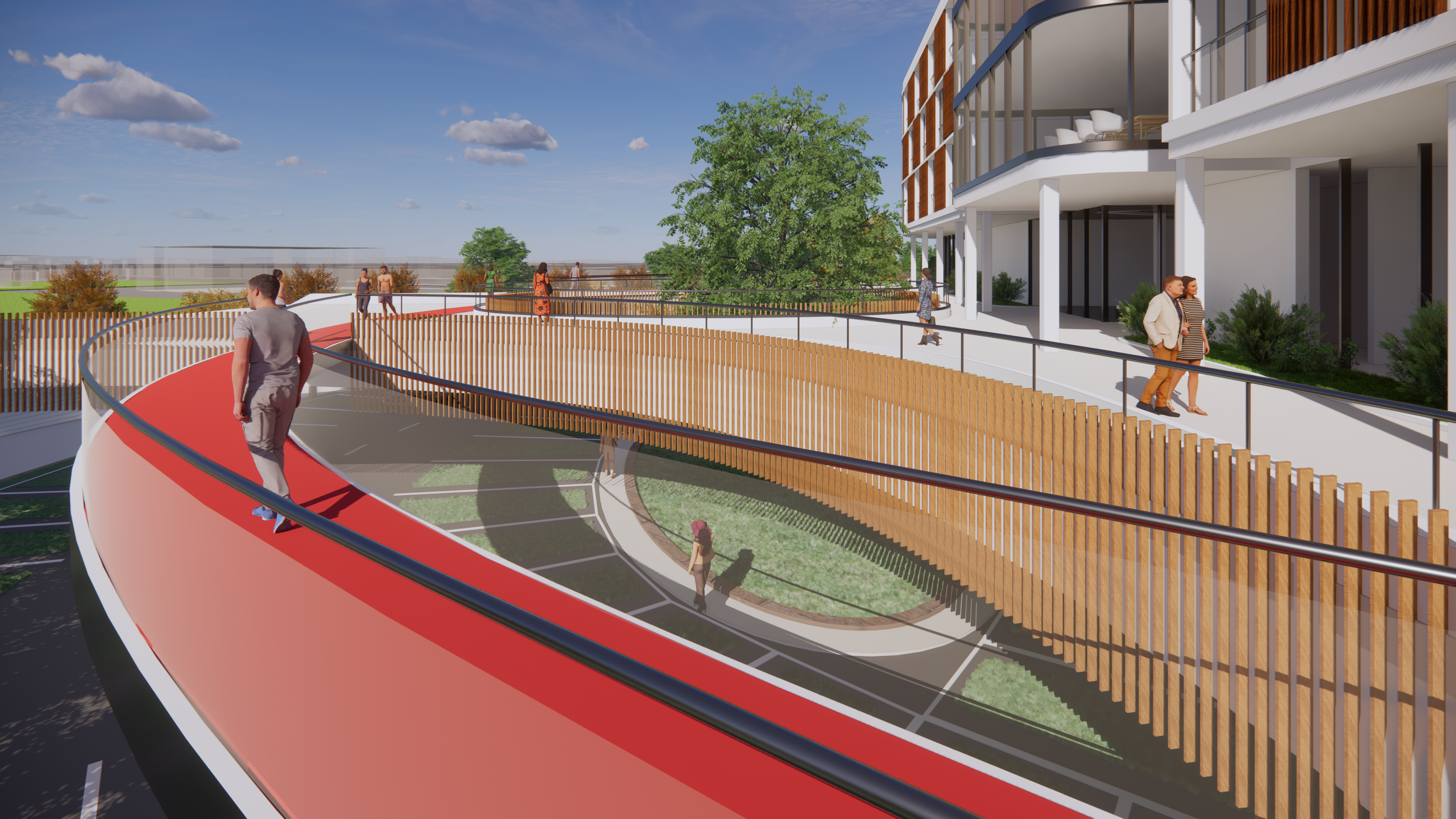 The running track at the roof garden goes around the nursing home first floor and it goes beyond the podium at some point to create a unique and pleasant experience.