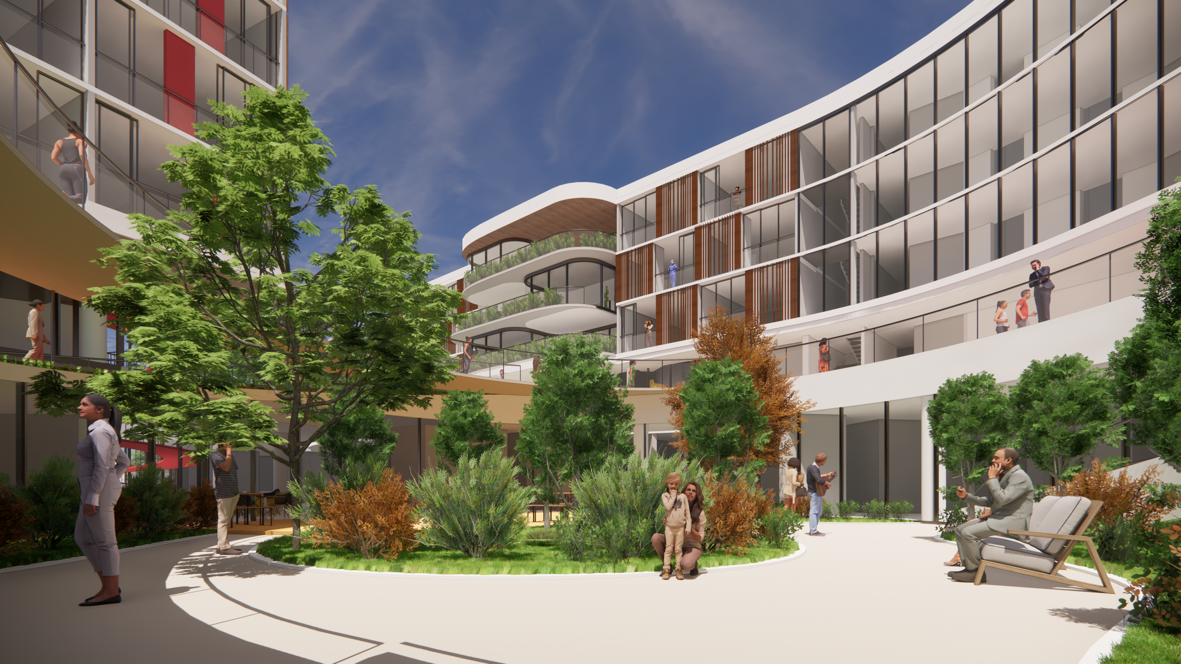 The central garden brings sunlight and the sense of nature to the site. People can enter the garden from different direction and it is linked to the roof garden with stairs. The restaurant intersects with the garden creating an outdoor eating area.