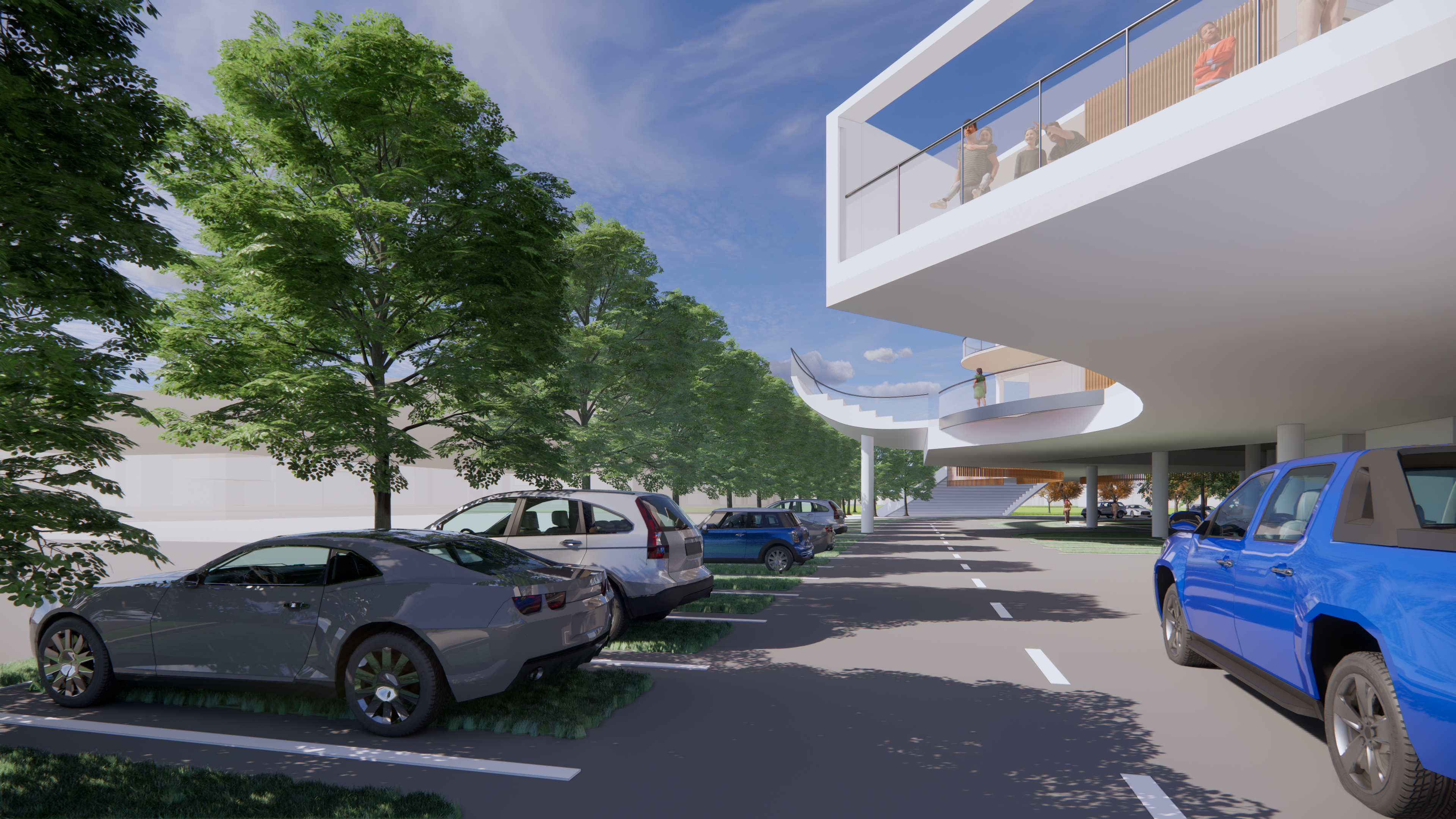 The green barrier at the north edge of the site can block the unpleasant view and noise from the Don Lee Farms. It includes lines of trees and parking with green pavements.