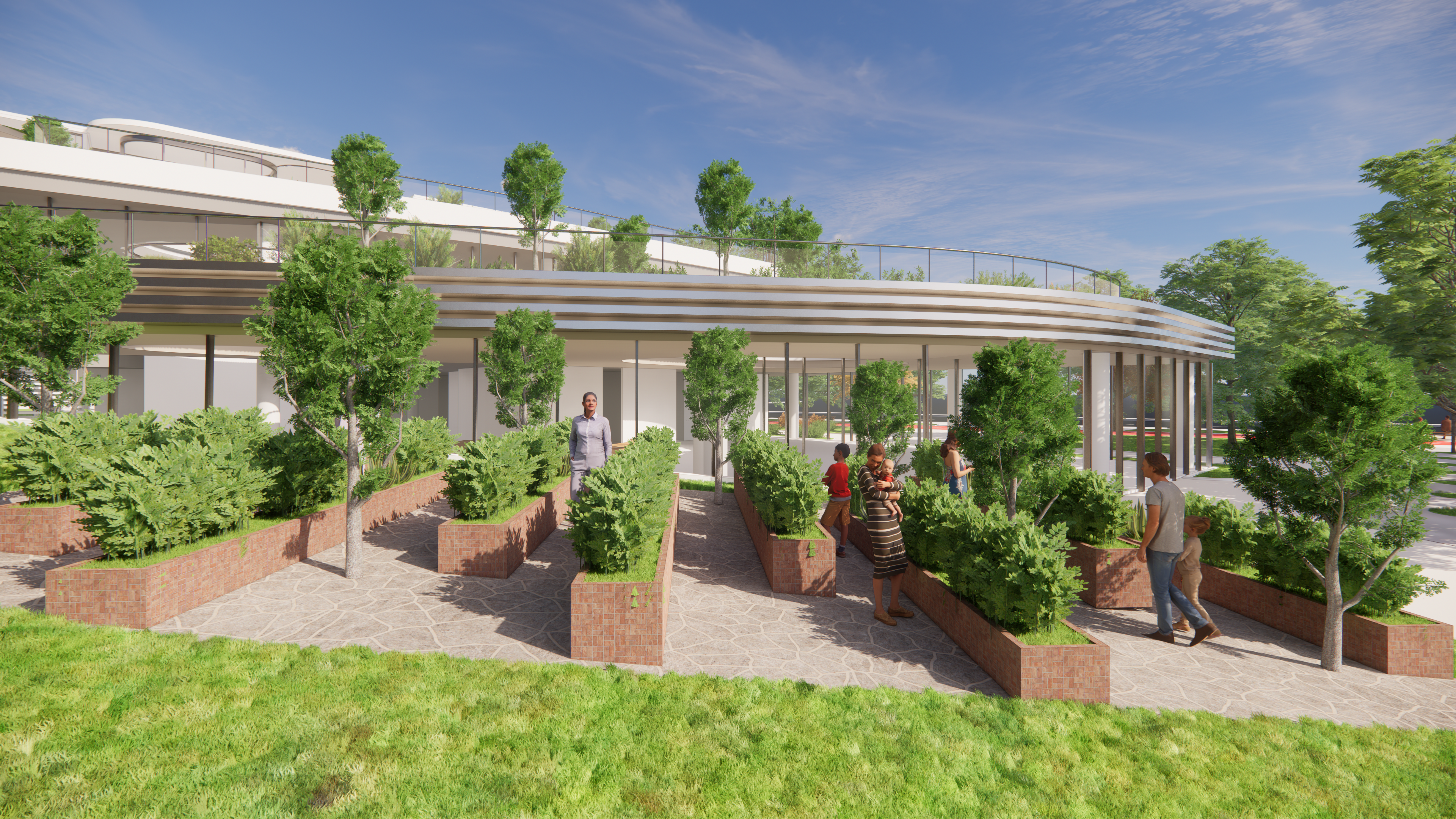 The roof farm on the green ramp is a community farm that allows people to grow vegetations and sell them at farmers market. It adds diversity to the greenary of the neighborhood and provides opportunities for social interaction.