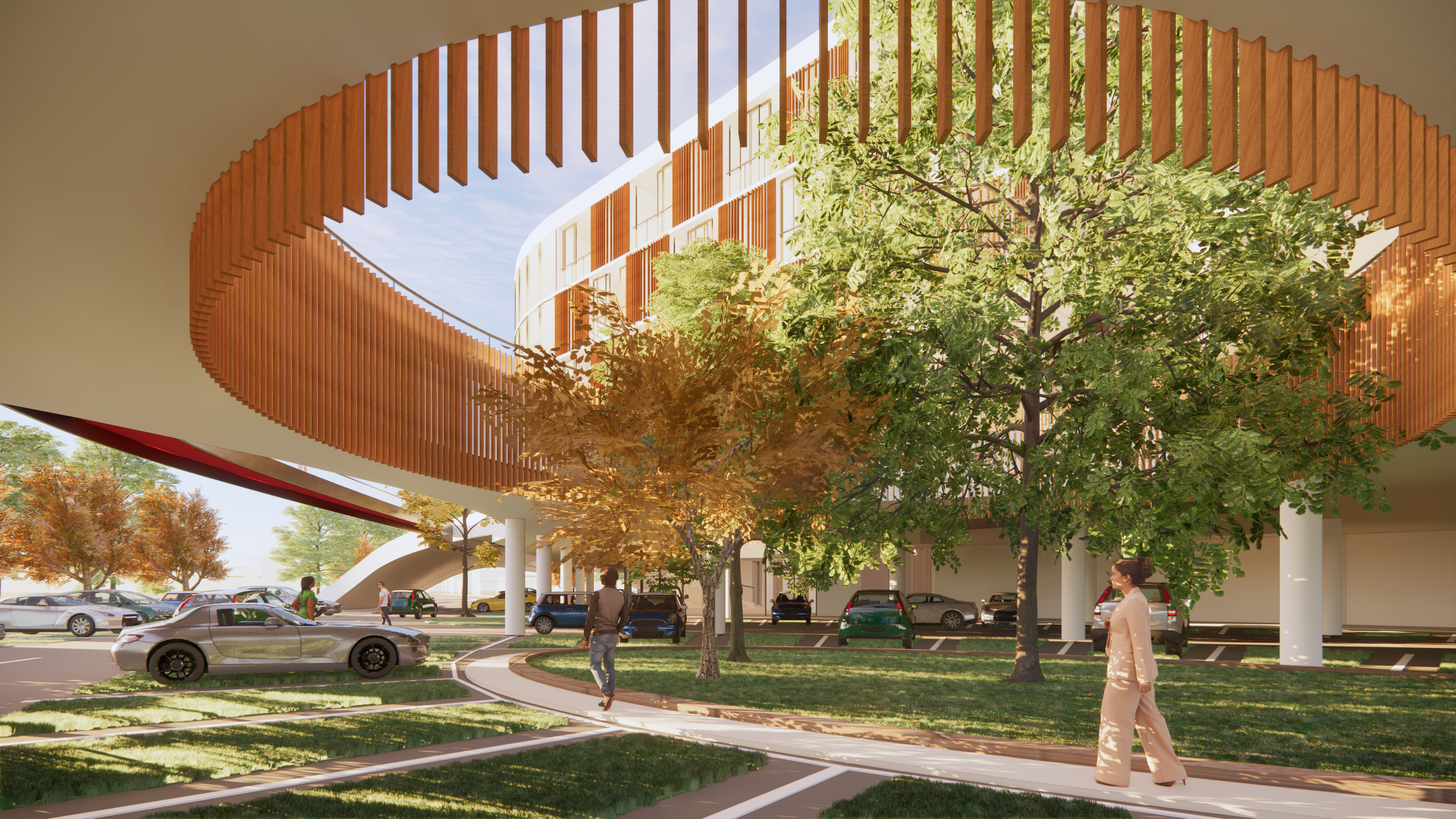 The Green island is the center of the parking lot. It brings a sense of nature to the lot. The openning on the roof terrace allows natural light to flood in and creates a visual connection between the parking lot and the nursing home.