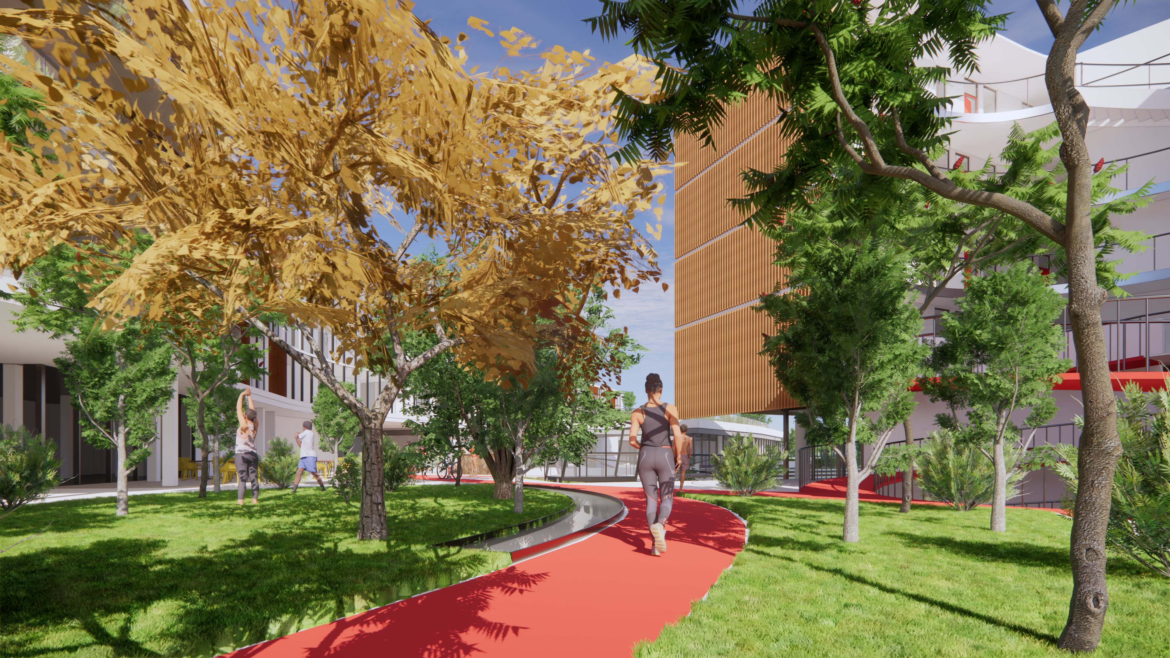The roof garden is divided into zones of activities and greenary, like outdoor dinging, pingpong, etc., by the running track. Besides, there are several skylights goes along the running