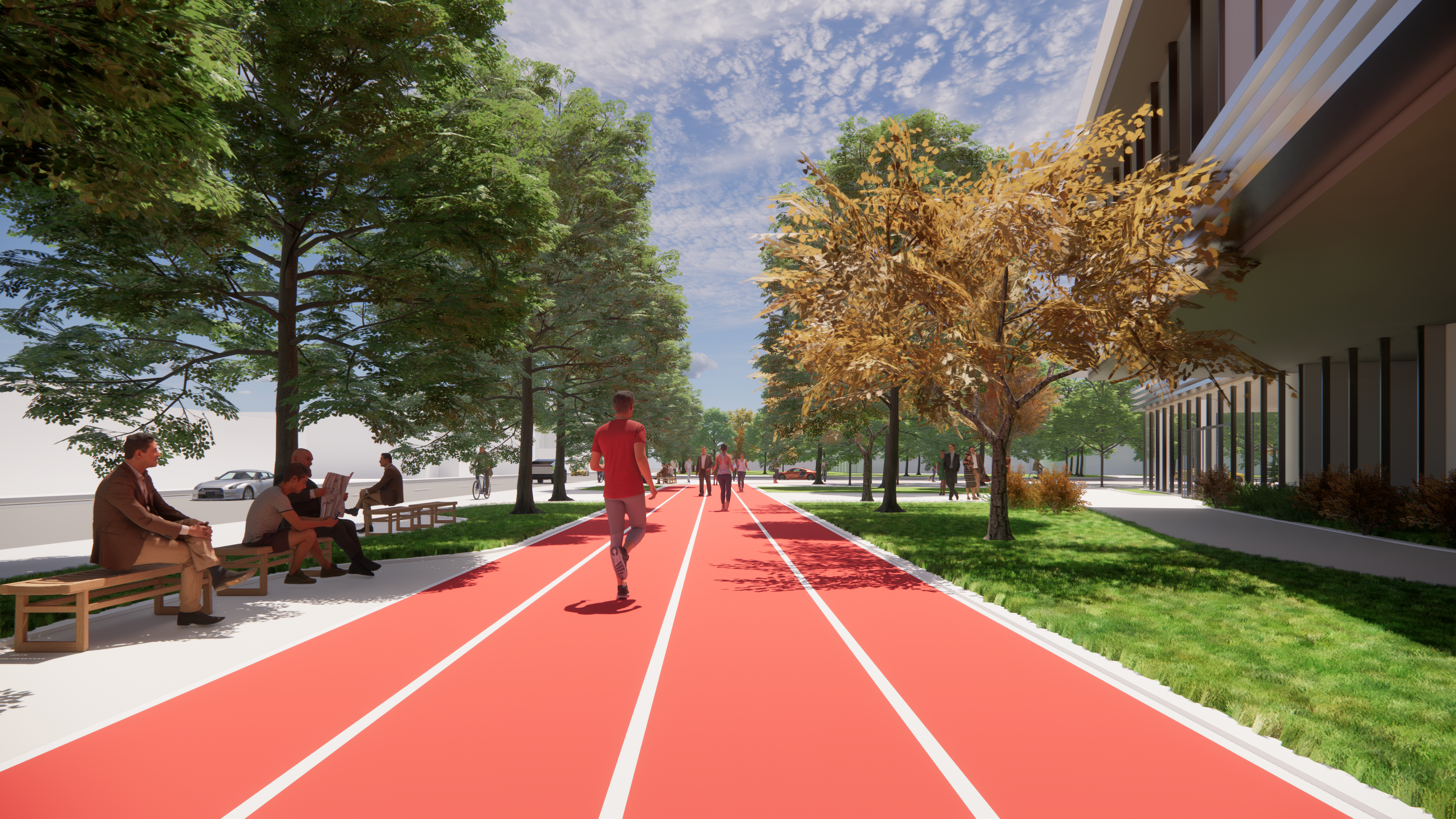 The running track starts from the parking and goes along 41st street. As a seperater between the street and the outpatient builidng, it encourages people to exercise and creates a unique pedestrian experience along the sidewalk.