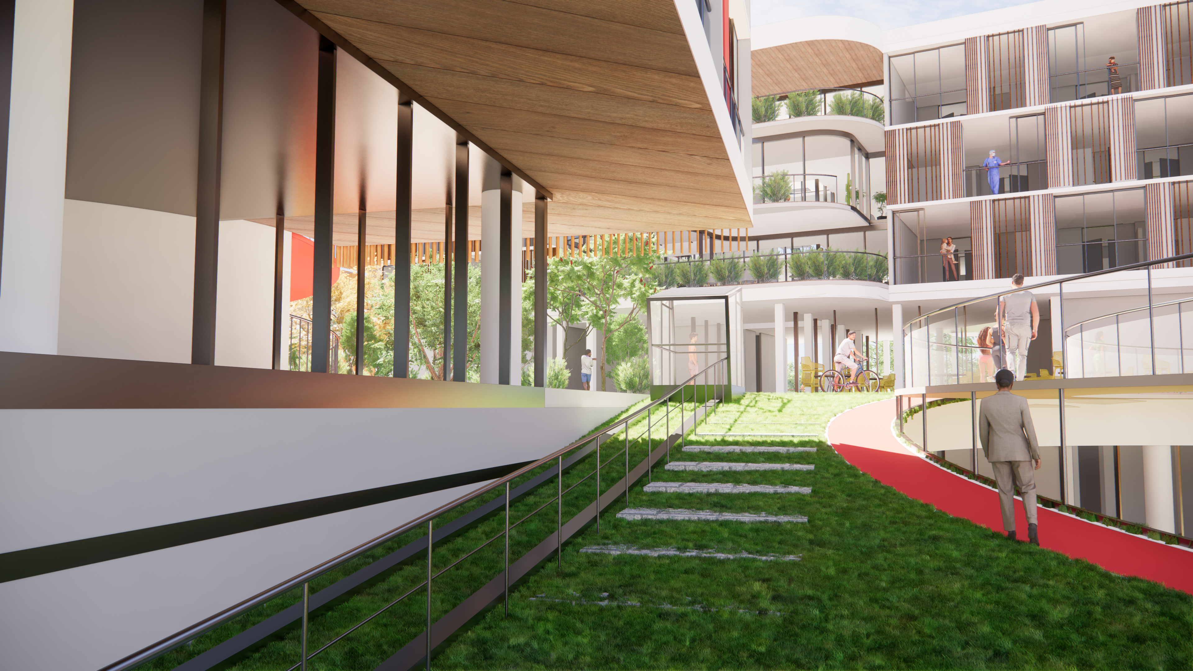 There is a Funicular that brings people from the street level to the roof garden. As a unique feature, it not only helps inclusive design but also brings characters to the site and encourages people to interact.