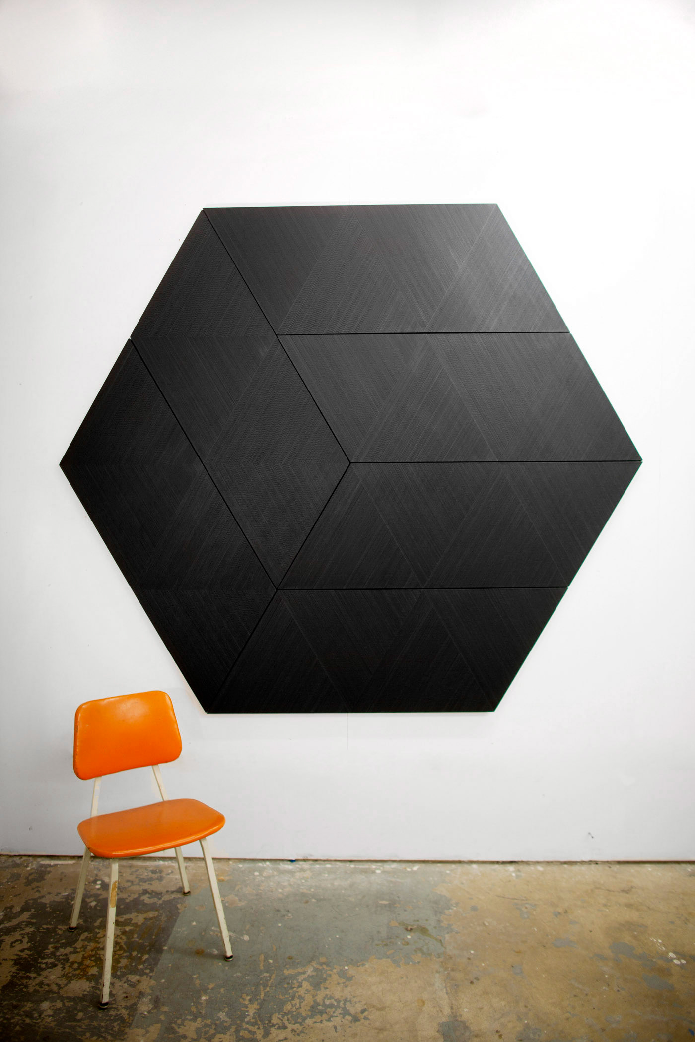 Untitled, graphite and flashe on six shaped linen canvases, 7x7', 2017