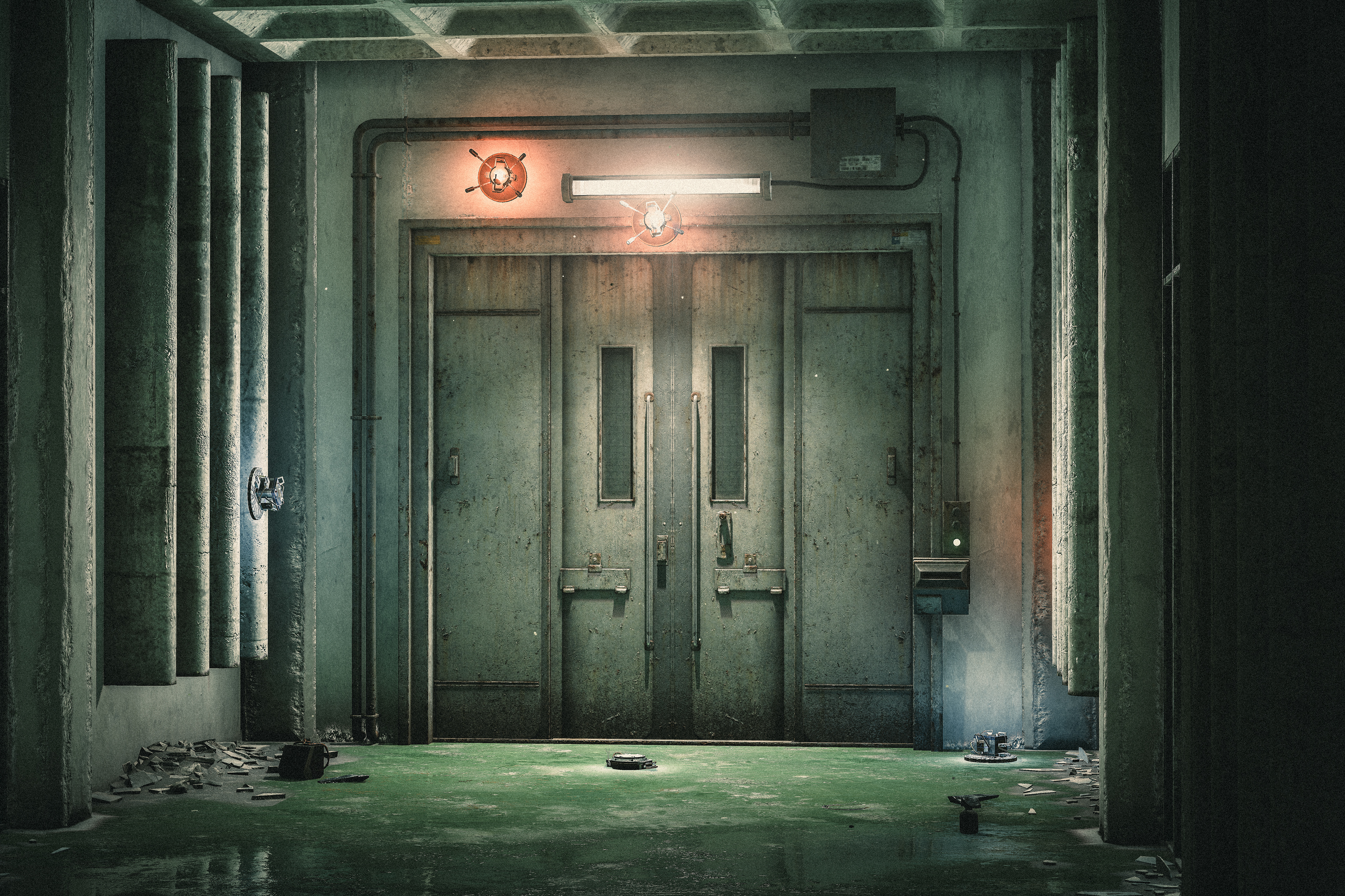 A door protected with Explosive, Jolt, and Pulse mines.