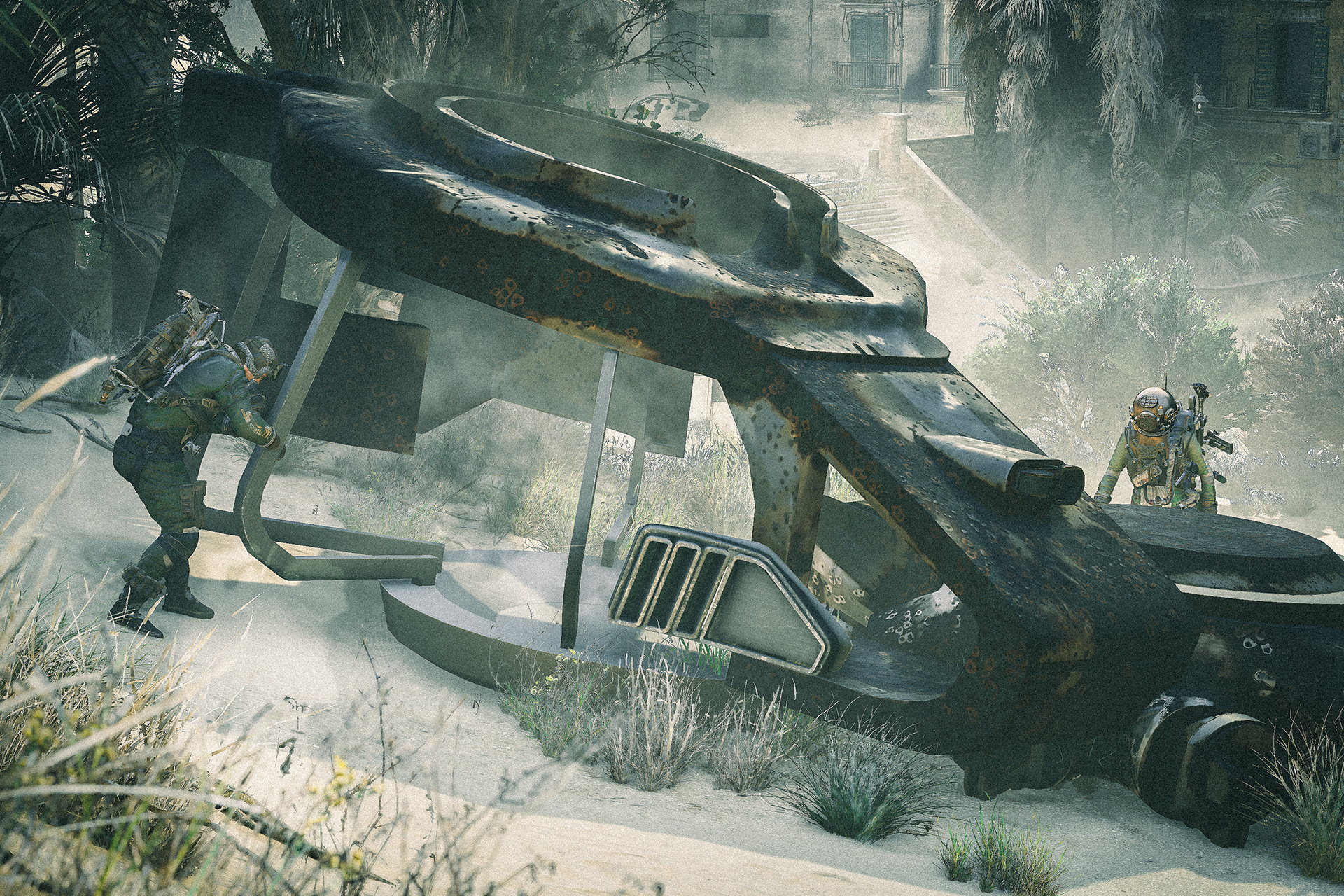 The two raiders, having built rapport, harvest a destroyed ARC together, sharing its riches.