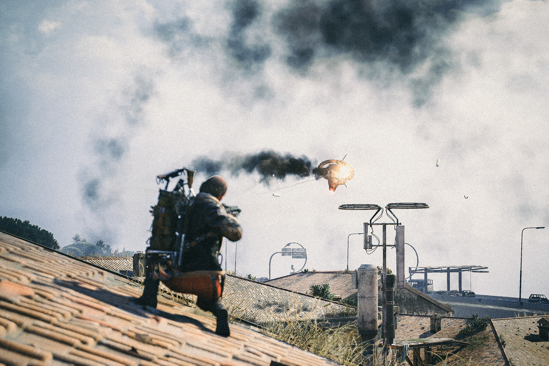 Bertha uses a firearm to destroy an ARC Snitch, saving her from an ambush of Wasps and Hornets.