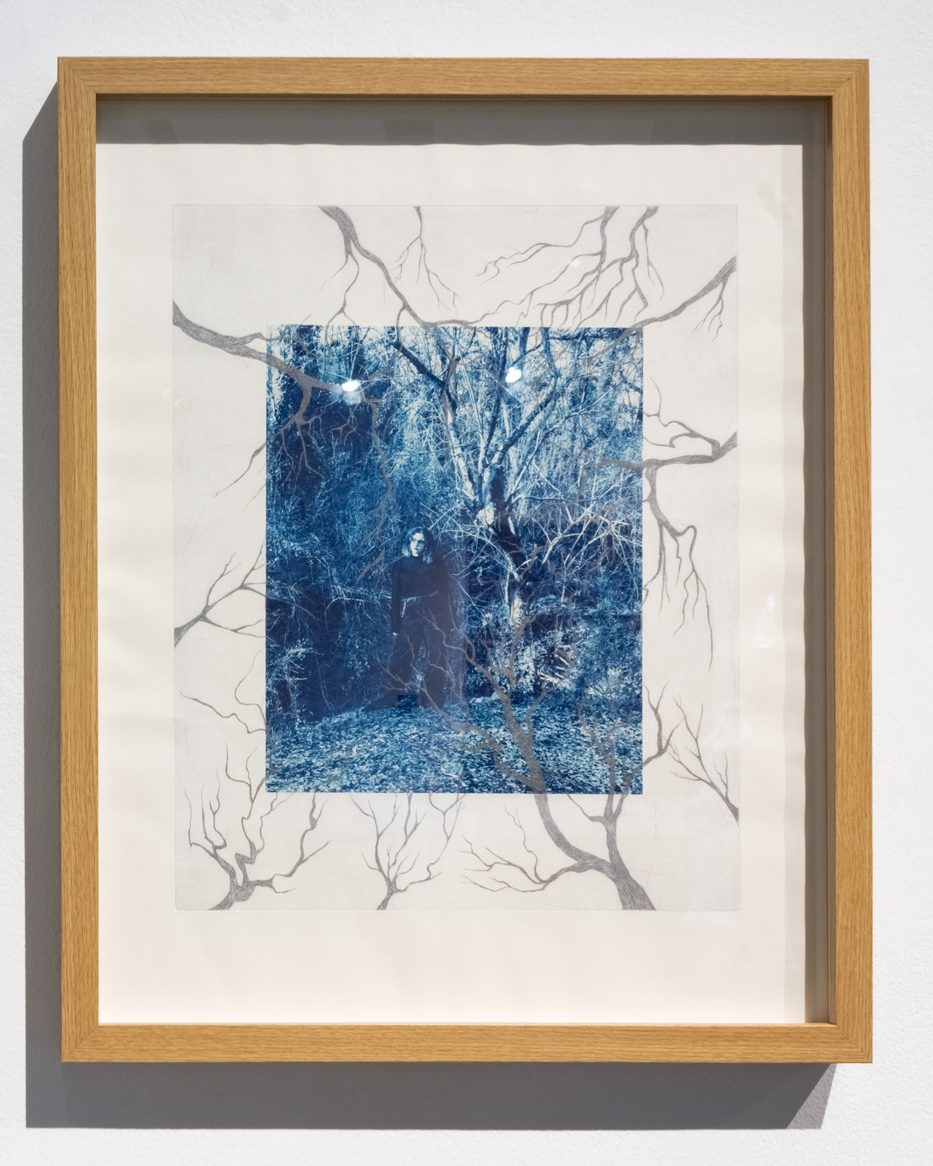 Angela, 2025 Cyanotype on Thai Kozo as chine colle, etching printed in silver ink on cotton rag