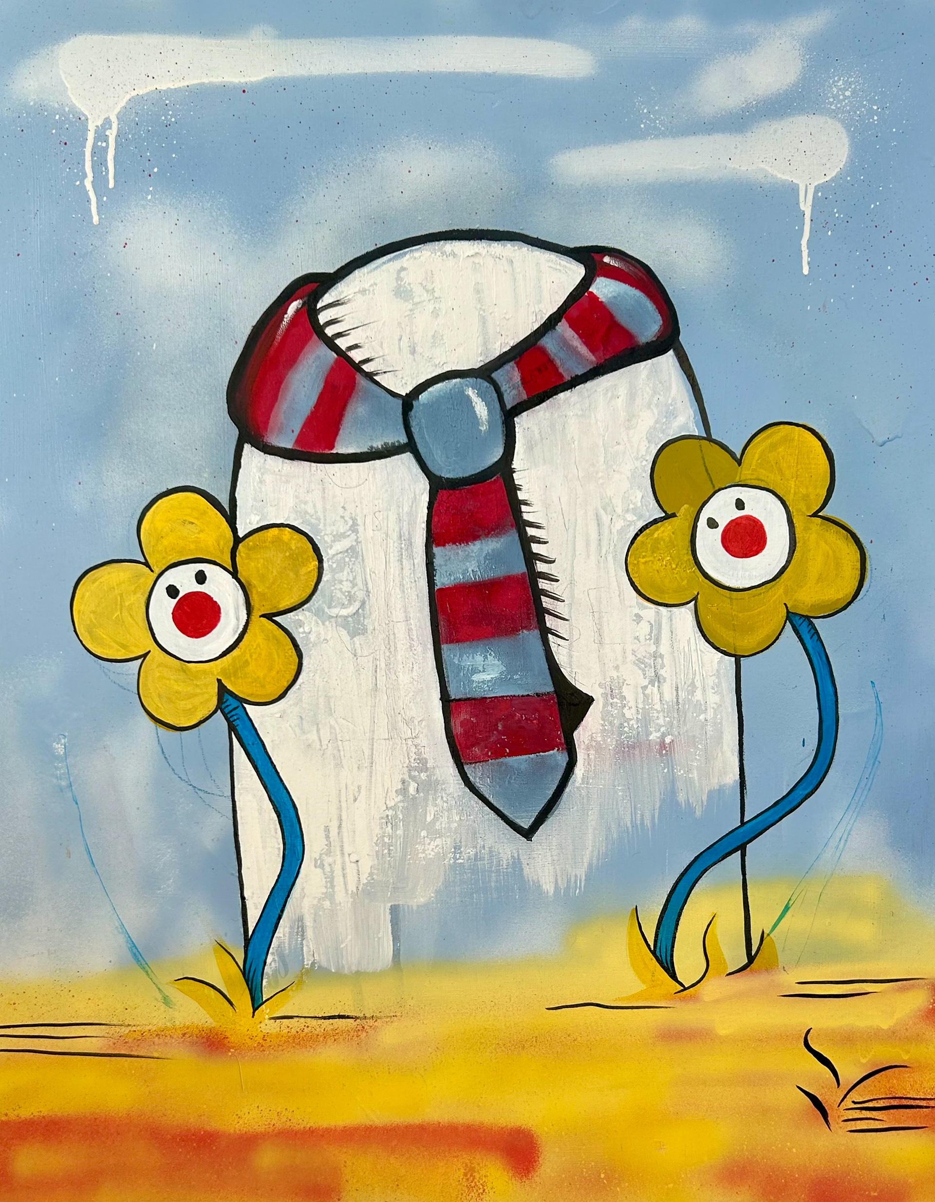 Death of a salesman, 30"x24", acrylic and spray paint on wood panel