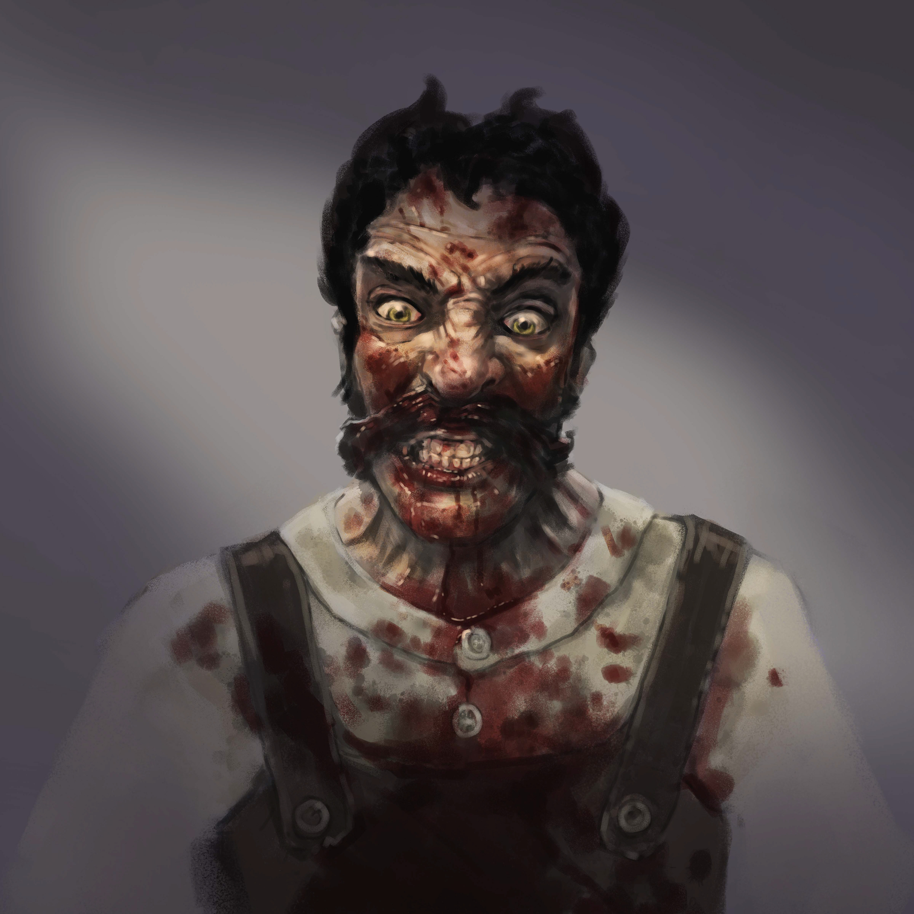 Insane Butcher's Assistant. Drawn in pen, coloured in Photoshop.