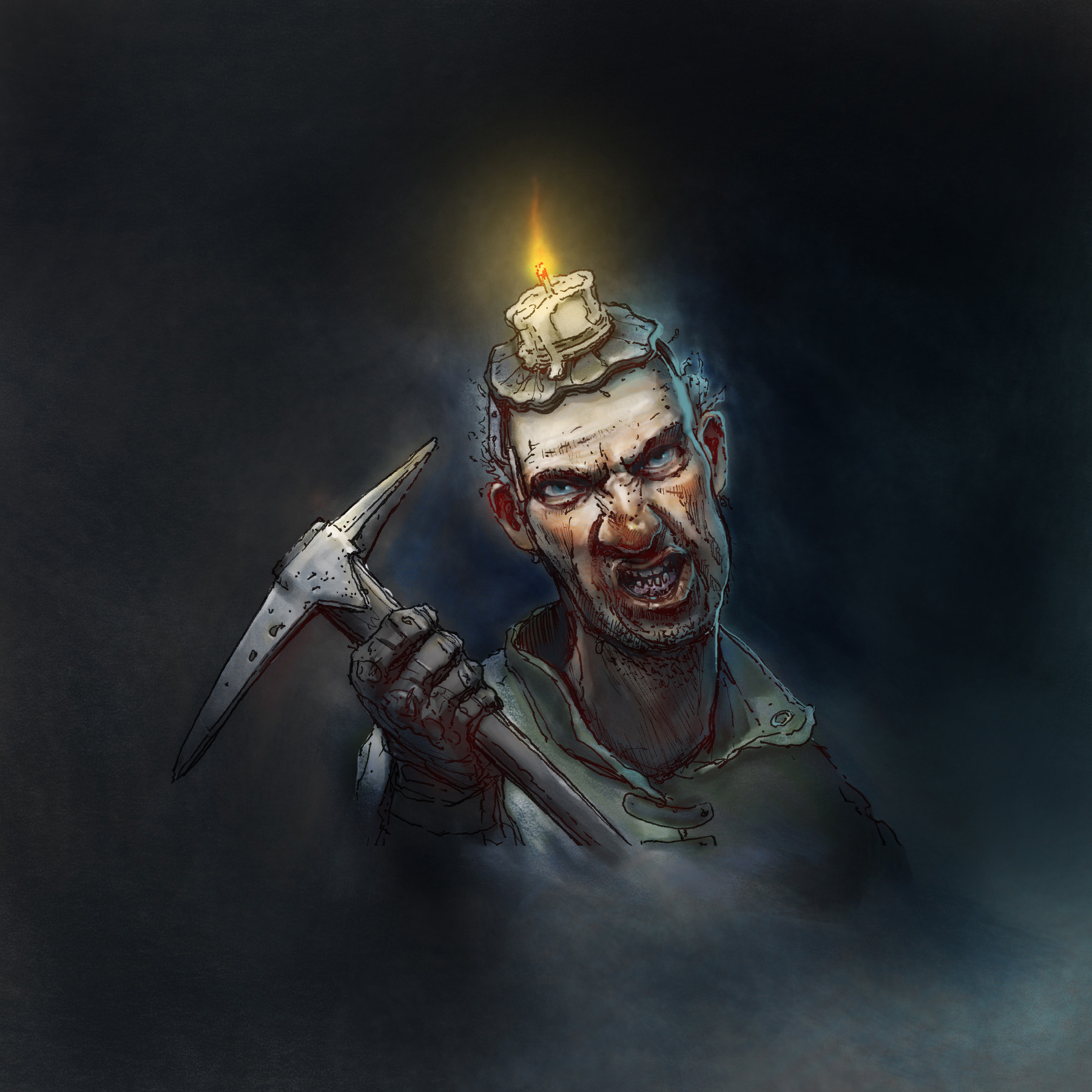 Possessed Miner. Pen drawing, coloured in Adobe Photoshop.