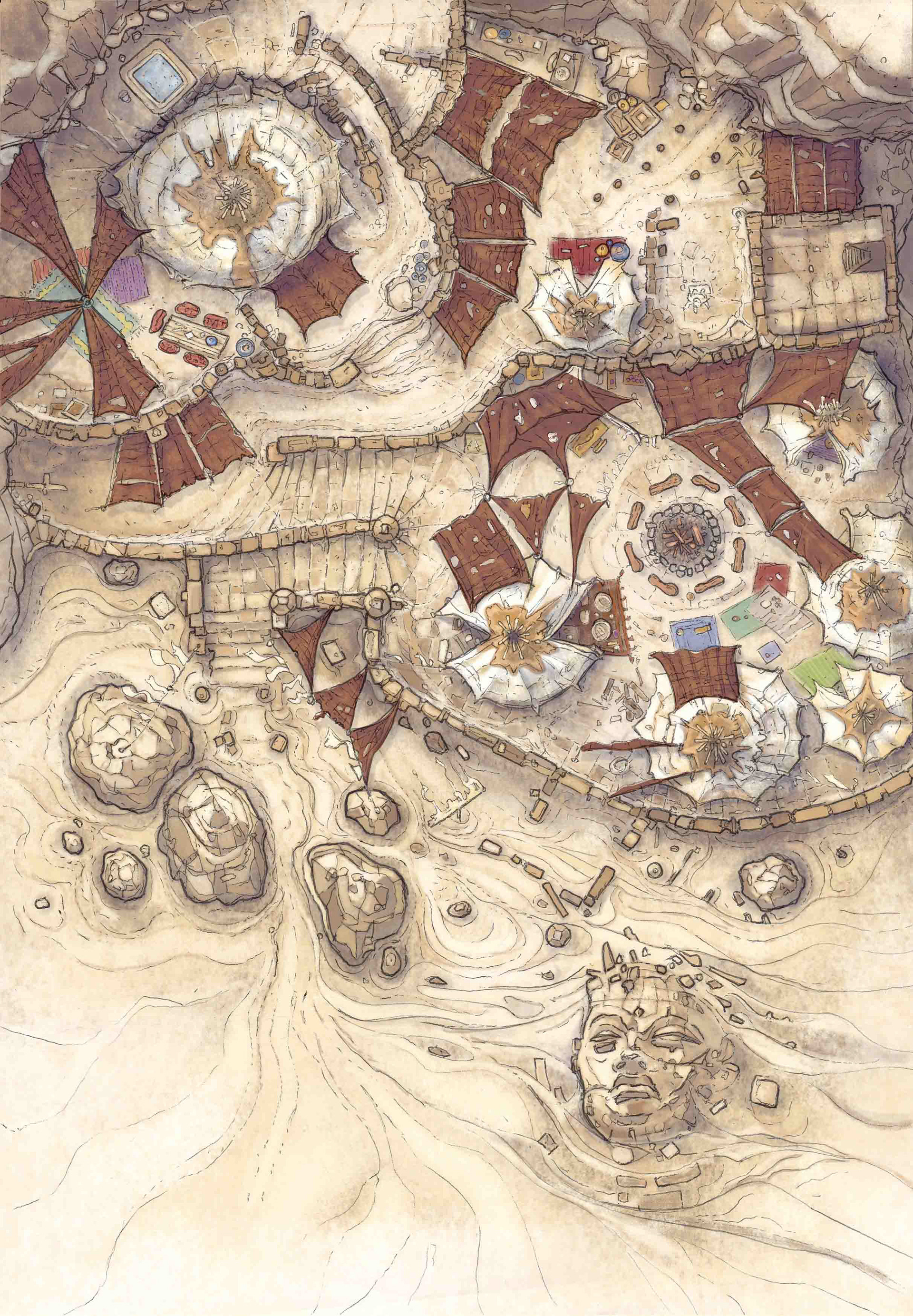 Early concept for Anak Roksaa town. Biro drawing, coloured in Photoshop.