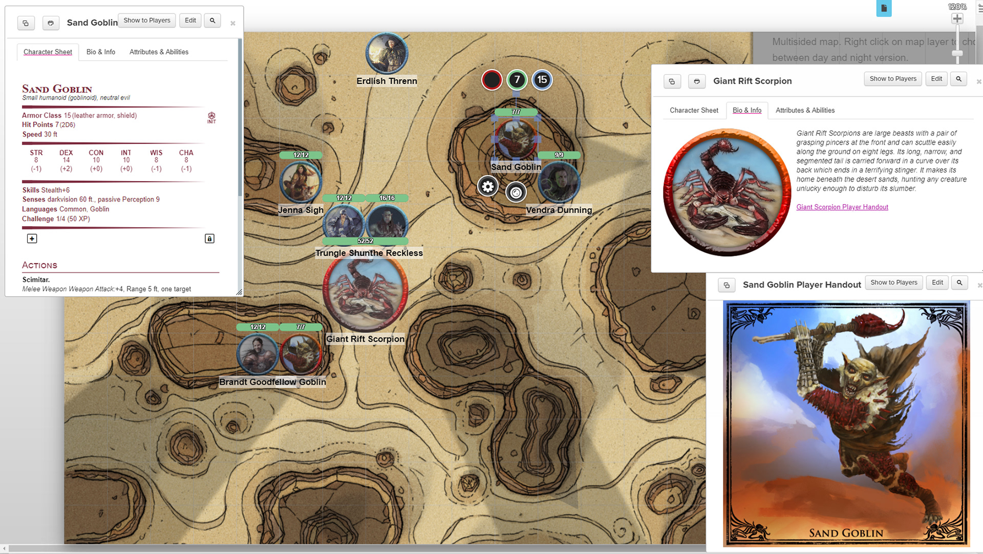 Handouts, Maps and tokens viewed in the Roll20 Sandrift Module