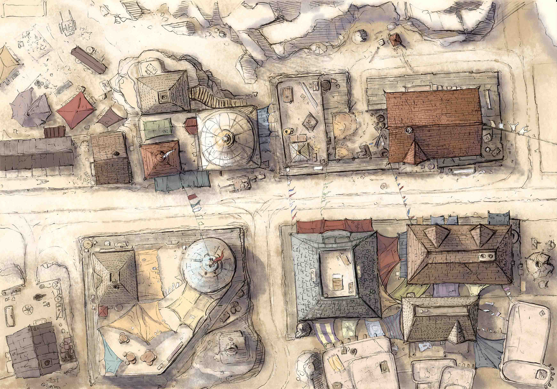 Early concept for Newtown. Biro drawing, coloured in Photoshop.