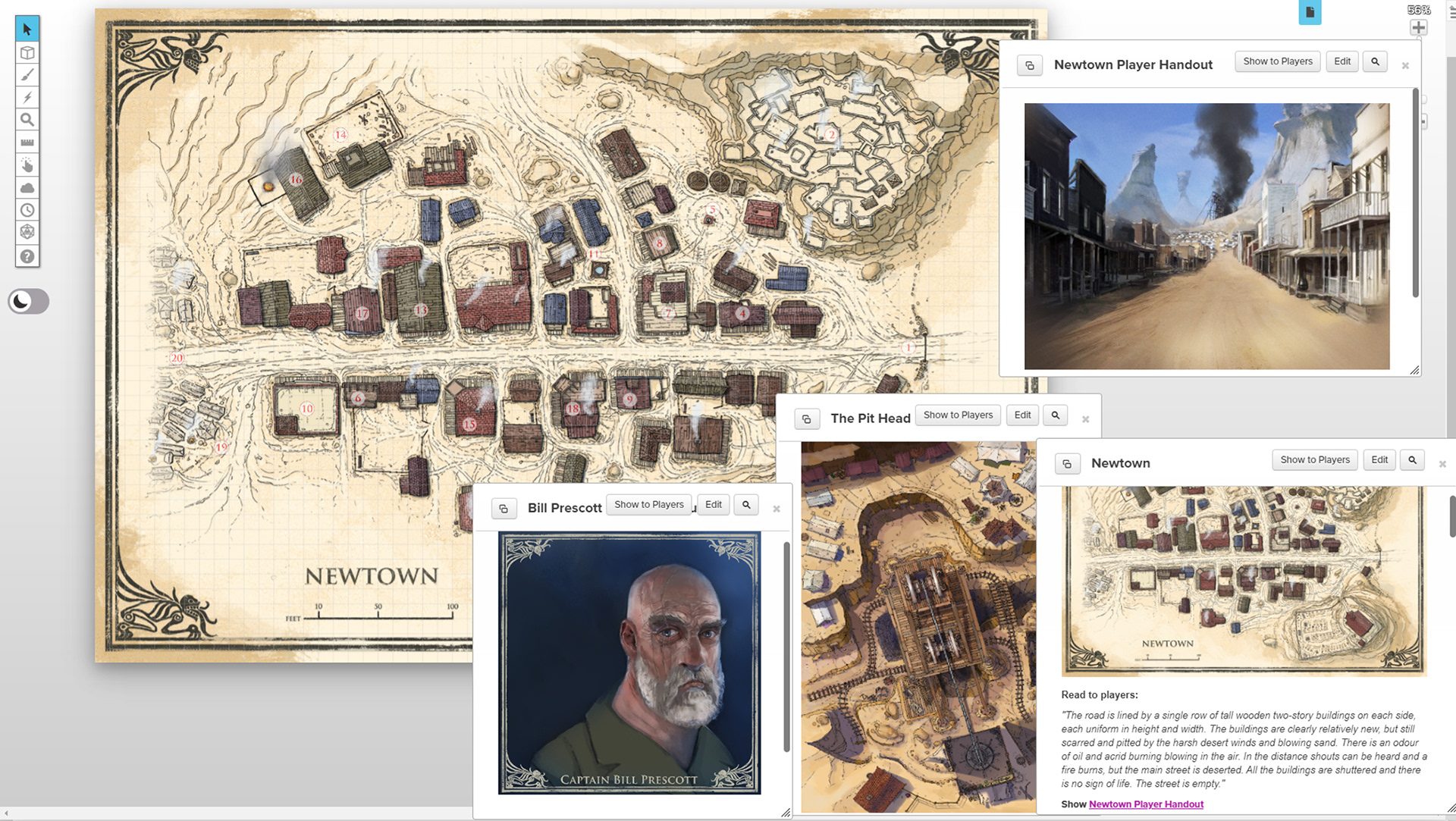 Handouts and Maps, viewed in the Roll20 Sandrift Module