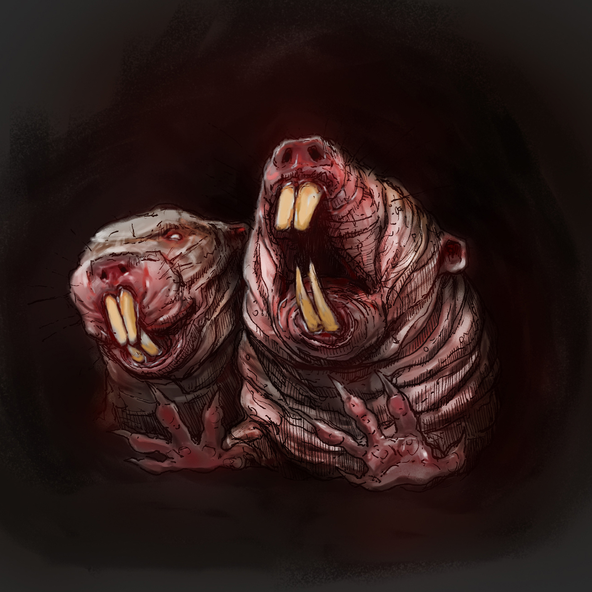 Giant Naked Mole rats. Pen drawing, coloured in Adobe Photoshop.