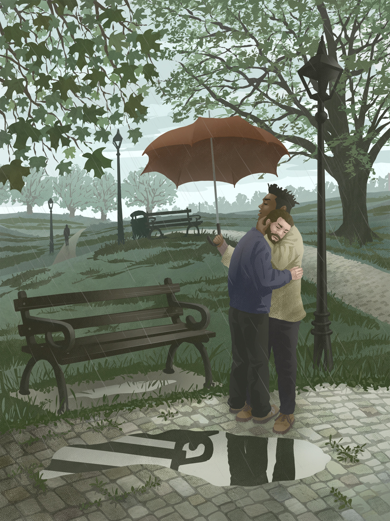 In a park alley on a rainy day, two men stand locked in a loving embrace, one of them sheltering both with a brick-red umbrella. Muted colors dominate the scene, with the umbrella's hue drawing the eye to the central point of the image, where warmth and togetherness triumph over the unpleasant weather.