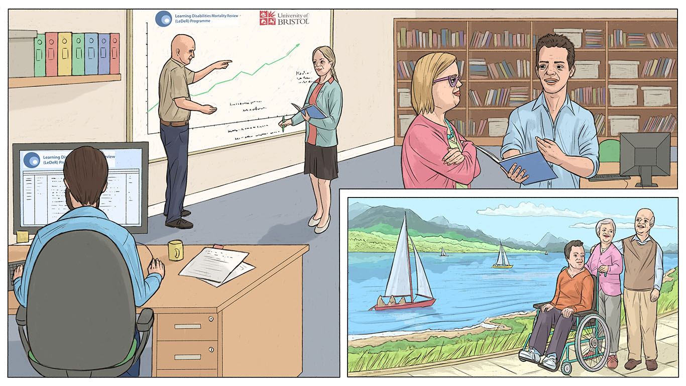 A set of illustrations commissioned by University of Bristol presenting their public health research project. 