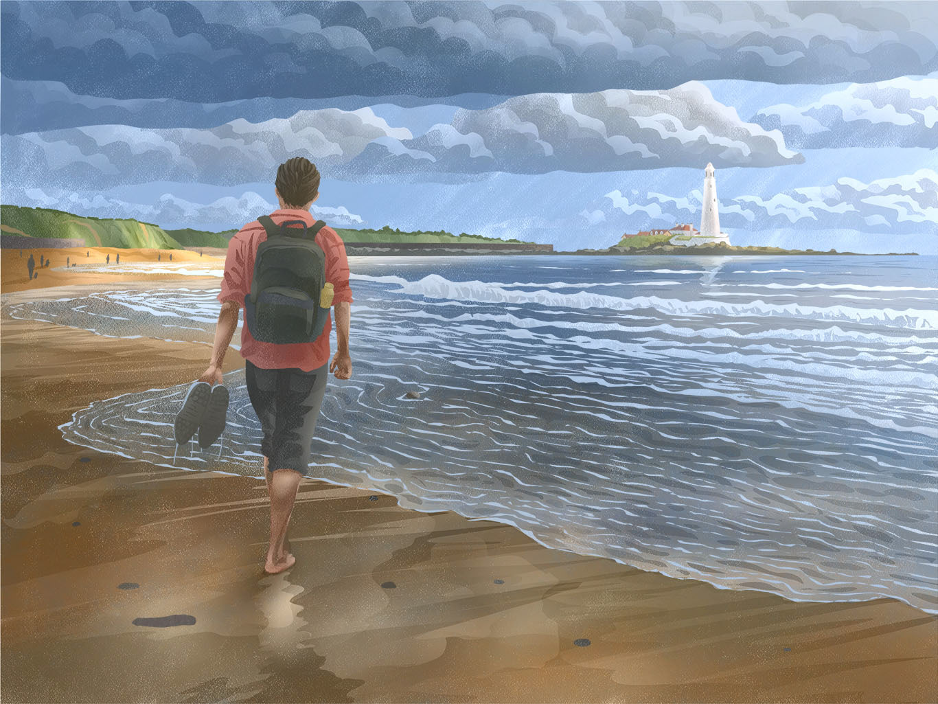 On a cloudy day, a man leisurely walks along the shores of Whitley Bay. The sun's soft rays pierce through the overcast sky, illuminating select patches of land and sea. These brief glimpses of sunlight showcase a stretch of sandy beach and highlight the iconic St. Mary's Lighthouse, perched on distant rocky outcrops and capturing the viewer's attention.