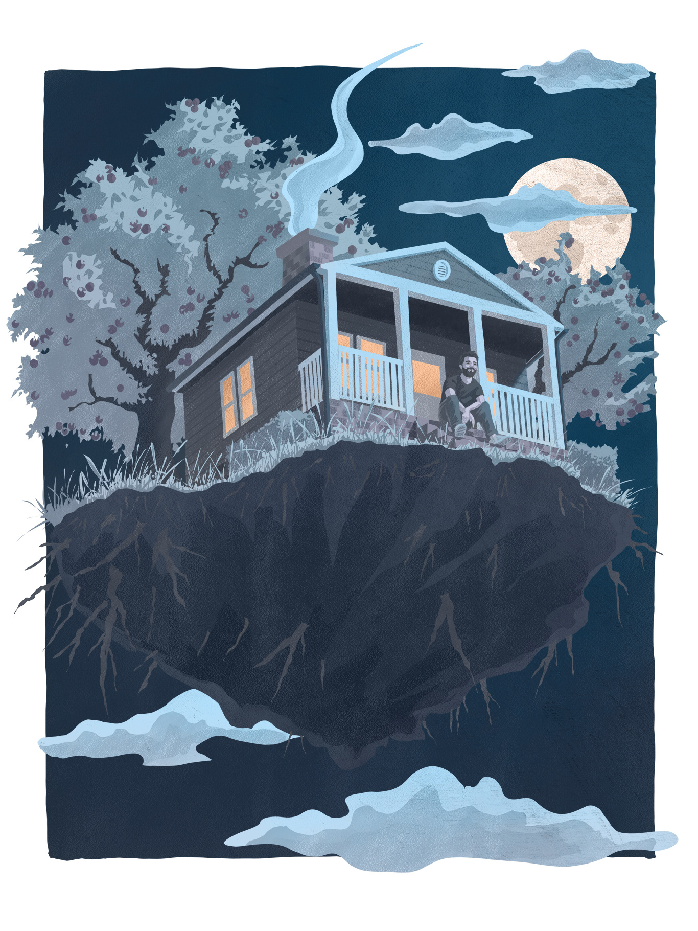 Step into Serenity: A solitary figure in his thirties sits on the doorstep of a quaint house surrounded by enchanting apple trees. The house stands an otherworldly landmass suspended and adrift in the evening sky, while the dark blue heavens are gently illuminated by the radiant presence of the Moon, peering from behind delicate clouds. The painting evokes a profound sense of tranquillity and contentment in solitude, rendered through a palette of muted, neutral tones with shades of blue and a soft, pale yellow Moon, contrasted by the warm, inviting orange glow emanating from the house.