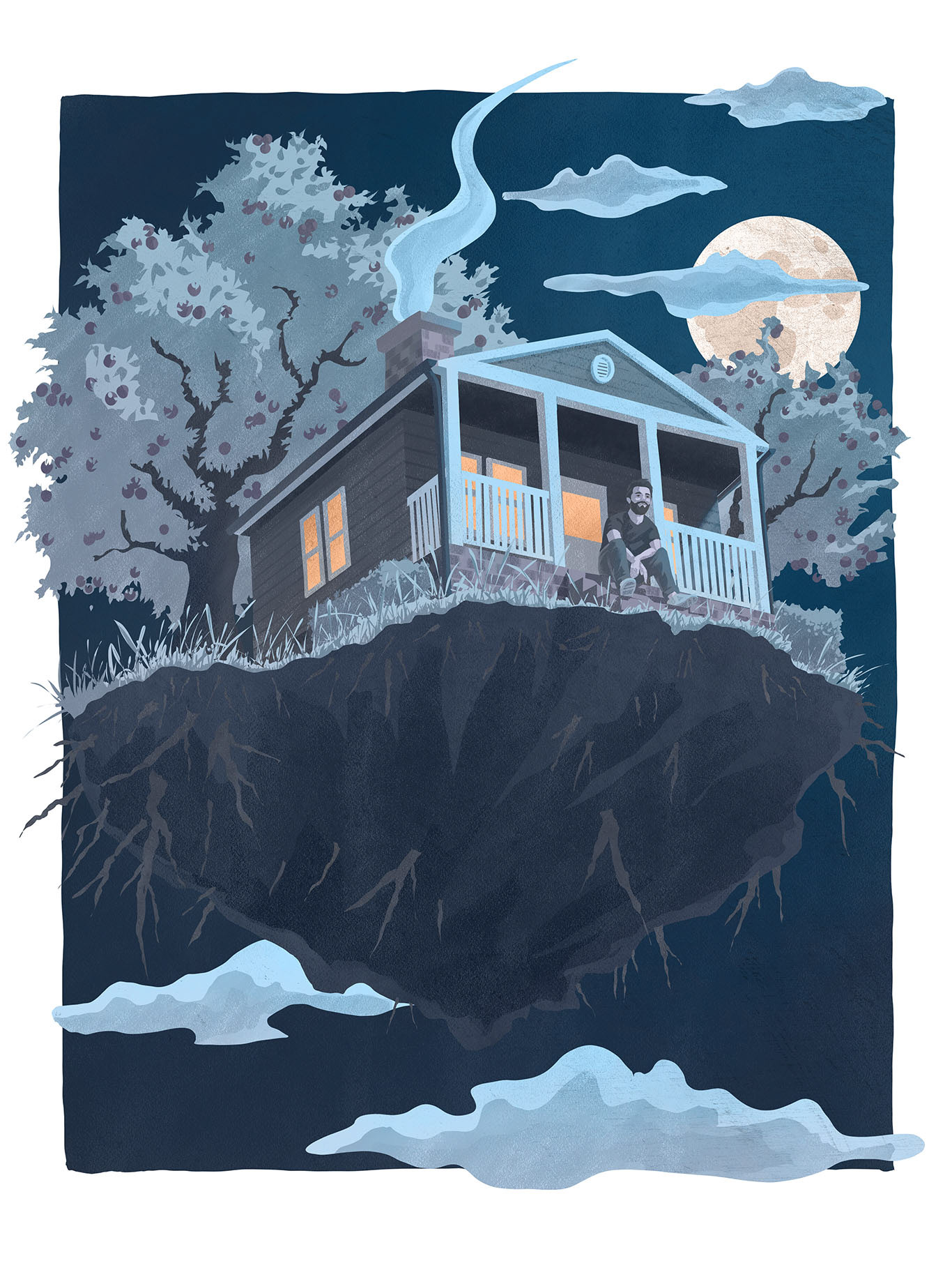 Step into Serenity: A solitary figure in his thirties sits on the doorstep of a quaint house surrounded by enchanting apple trees. The house stands an otherworldly landmass suspended and adrift in the evening sky, while the dark blue heavens are gently illuminated by the radiant presence of the Moon, peering from behind delicate clouds. The painting evokes a profound sense of tranquillity and contentment in solitude, rendered through a palette of muted, neutral tones with shades of blue and a soft, pale-yellow Moon, contrasted by the warm, inviting orange glow emanating from the house.