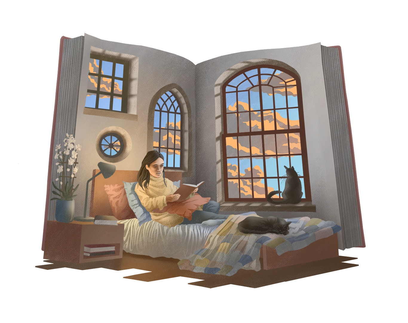 Find Peace in Pages: An illustration portrays a woman in her mid-thirties, lounging on her bed, absorbed in the world of the book she reads, while a black cat naps at her feet. An open book makes up the cosy corner of the woman’s bedroom. Just like the walls, it hosts many windows looking out at a sky dotted with fluffy clouds, kissed by the setting sun. A second cat perches on the windowsill, gazing at the serene vista.