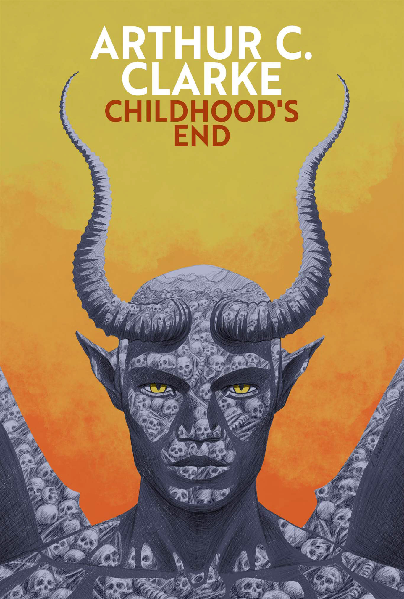 Alternative book cover for Childhood's End by Arthur C. Clarke. A devil-like alien character stares ominously from the image with fiery glow behind his back. Double exposure  on his skin shows graveyard of skulls.