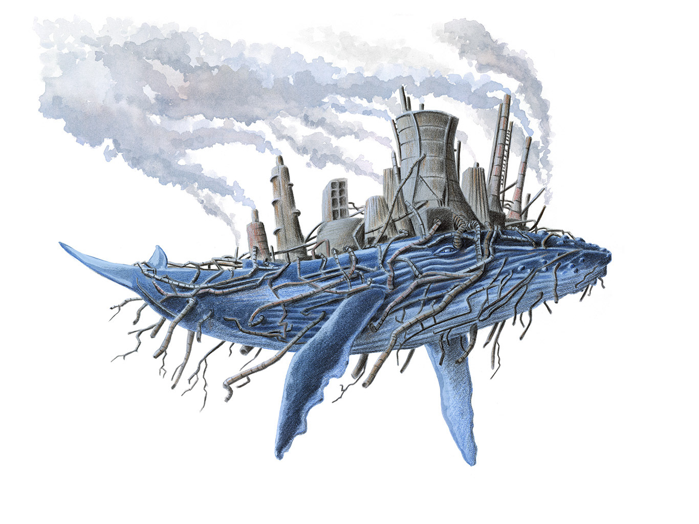 An impactful illustration featuring a majestic blue whale against a white backdrop. The whale's back is adorned with industrial chimneys, factory installations, and pipes that seem to extract fluids from its body. This surreal composition evokes a strong emotional response, symbolizing the destructive impact of human industry on our natural world.